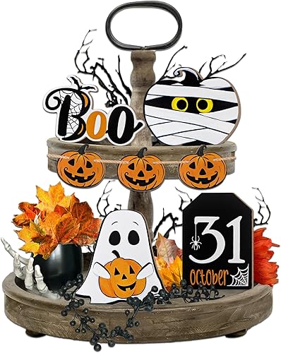 Decoración de bandeja escalonada de Halloween, decoraciones de bandeja de granja, divertidos letreros de madera de calabaza fantasma, momia disponible en Yaxa Peru