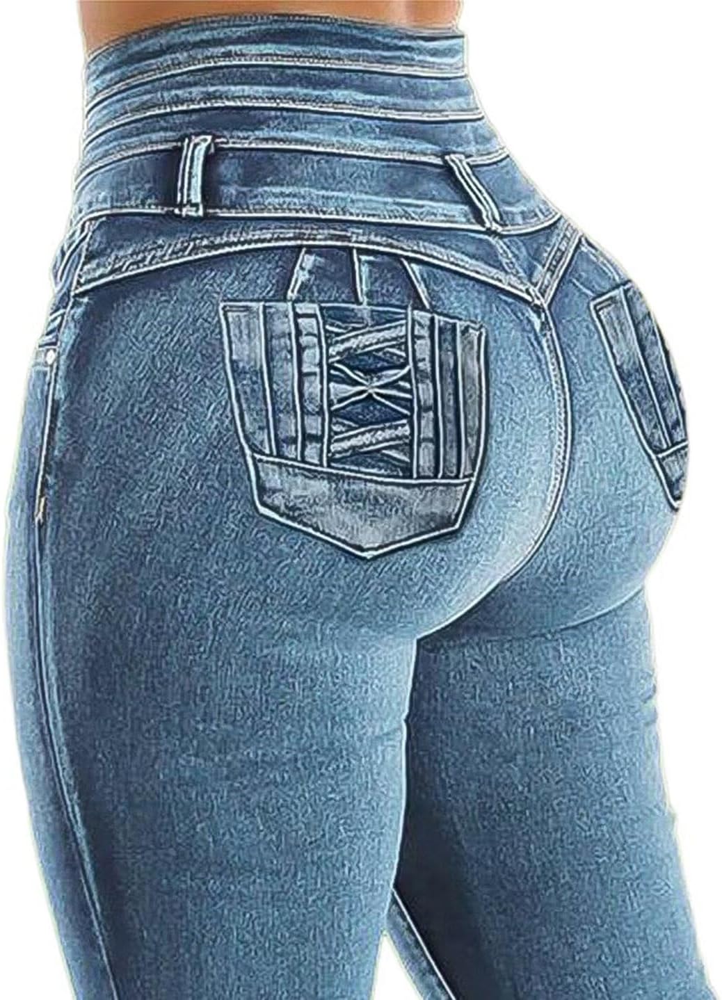 Flamingals Blue Skinny Jeans for Women Stretchy Mid Waist Butt Lifting Trendy Denim Capris - Image 5