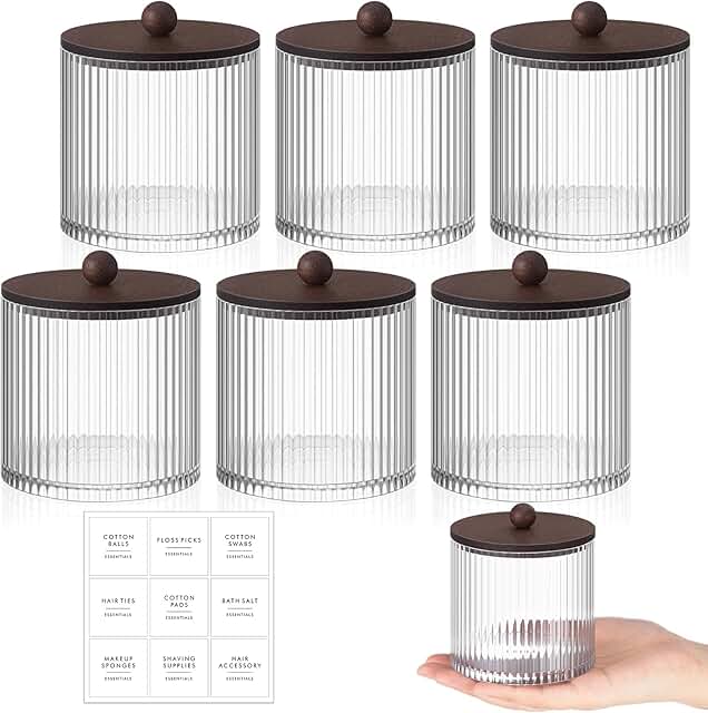 Yaomiao 6 Pcs Ribbed Bathroom Canisters Apothecary Jars with Brown Bambo...