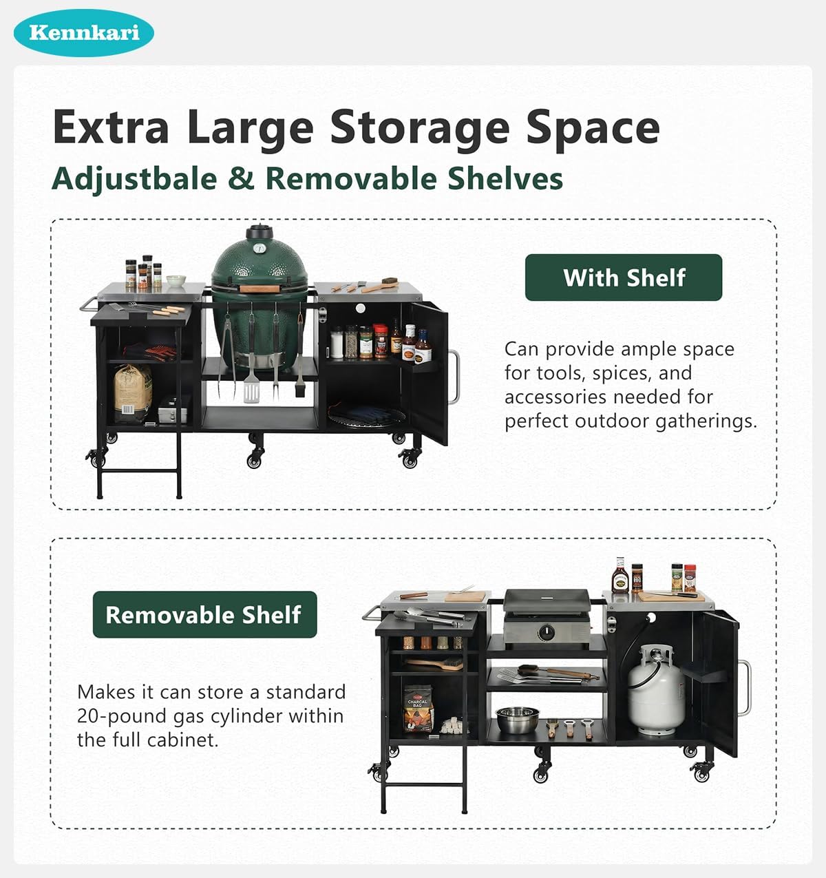 72.4" Outdoor Kitchen Island with Big Green Egg and Adjustable Shelves, Metal Grill Cart with Fold-out Prep Table and Spice Rack, Rolling Bar Cart with Steel Top for Pizza Prep and BBQ (Black)