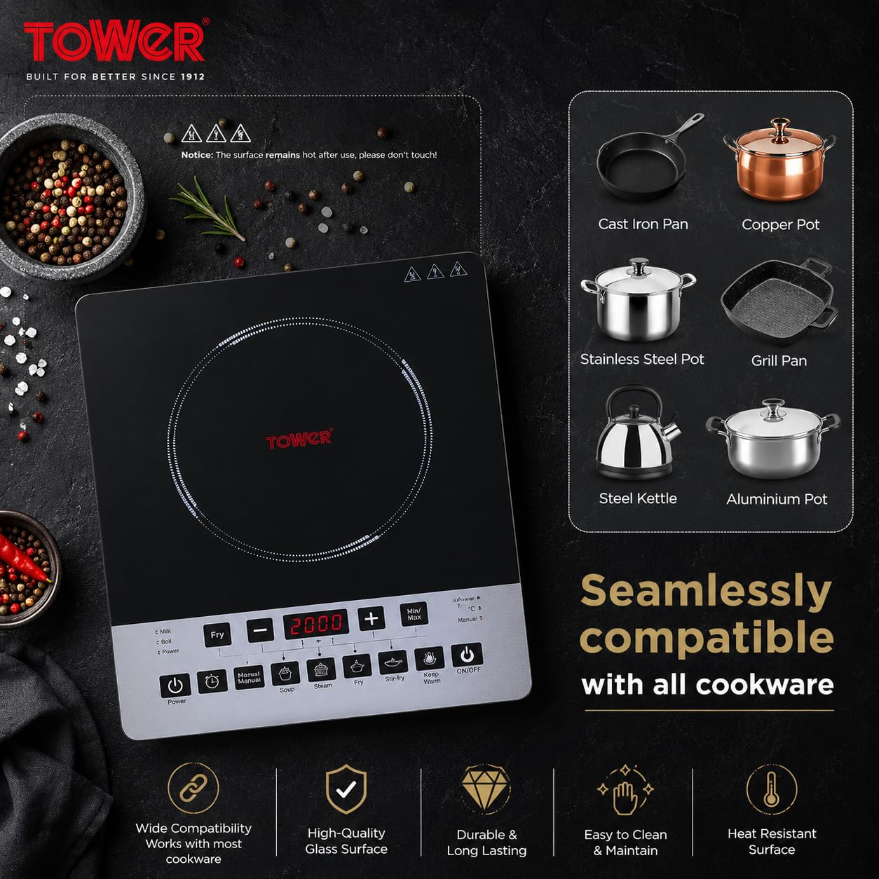 Tower Solace Portable Induction Cooktop 2000W | Single Burner Electric Stove with Touch Control, 11 Cooking Modes & Auto Shut-Off | Energy Efficient | Black 71d1VmW7iQL. SL1254