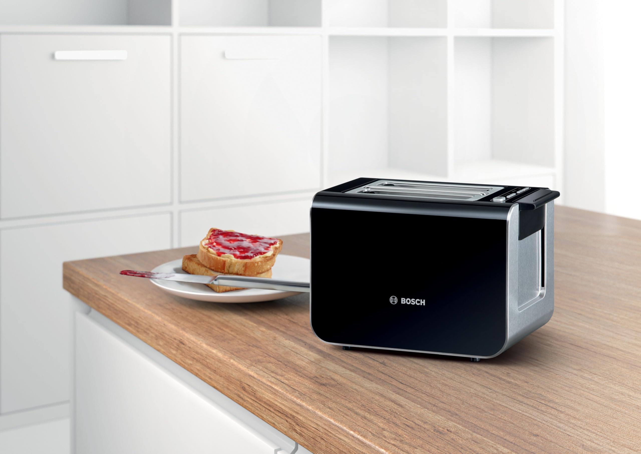 Bosch TAT3P420DE DesignLine Compacte broodrooster, ontdooi-/opwarmfunctie, inschuifbaar opzetstuk voor broodjes, automatische uitschakeling, 970 W, roestvrij staal/zwart