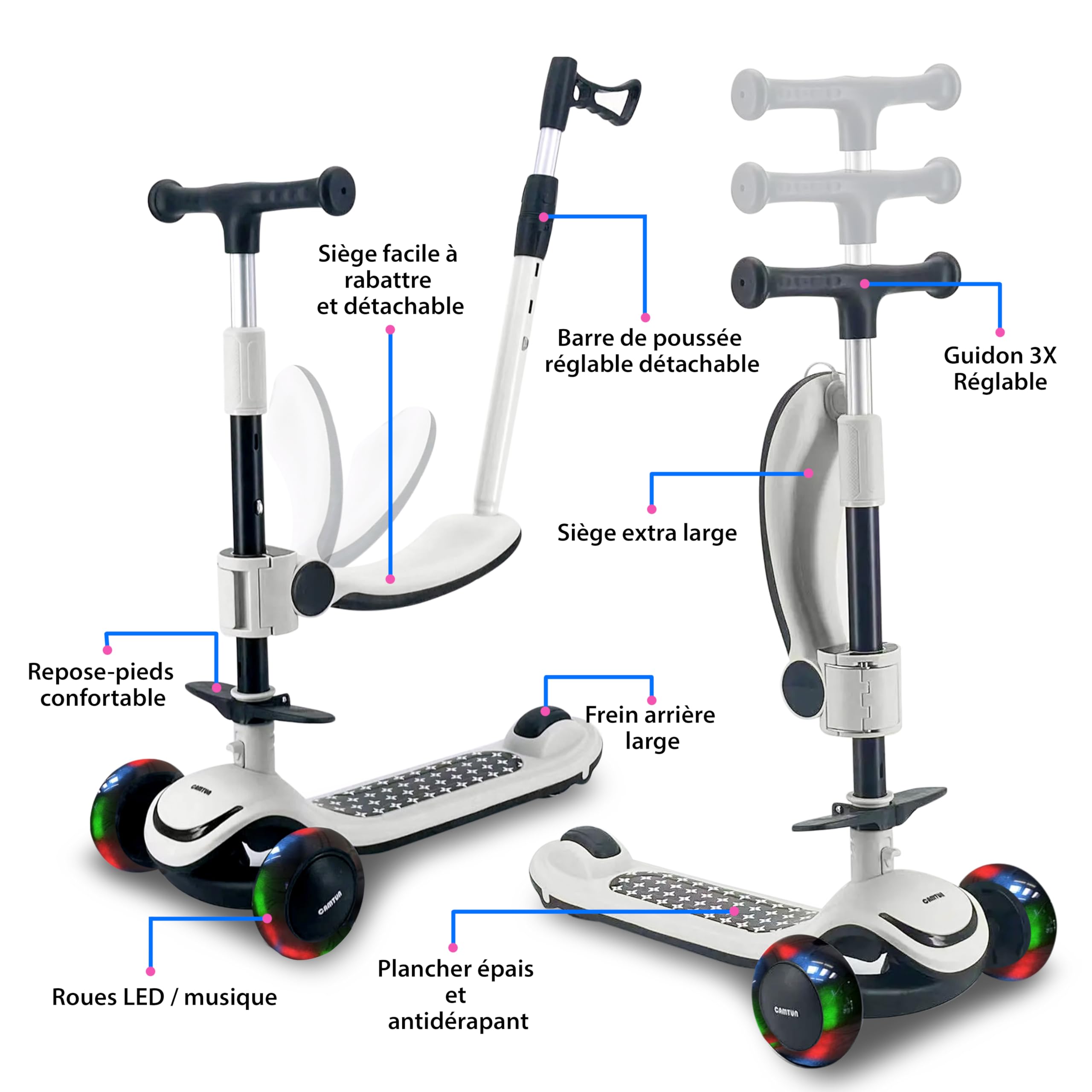 Draisienne Trottinette Enfant 3-en1 avec éclairage LED, Ajustable, Pliable, Roues en PU - Tricycle Bébé Évolutif, pour Les Enfants de 2 à 10 Ans Fille & Garçon