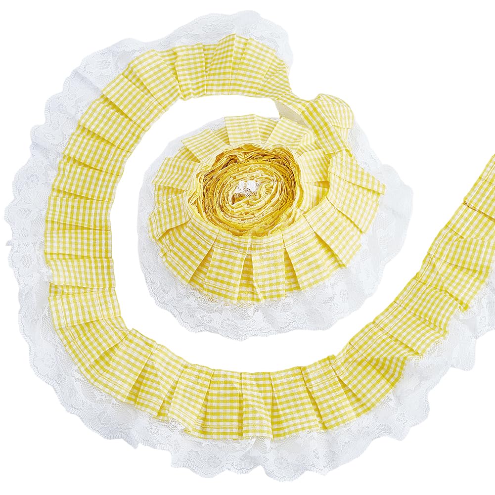GORGECRAFT 2.5 Inch Chiffon Plaid Checkered Ribbon 5 Yards Gingham Ruffle Pleated Lace Edge Trim Gathered Mesh Striped Ribbon Fabric Yellow Embroidered Tulle Applique Edge Trimming for Crafts DIY