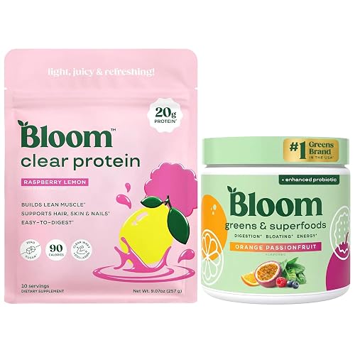 Bloom Raspberry Lemonade Clear Protein and Orange Passionfruit Greens Powder