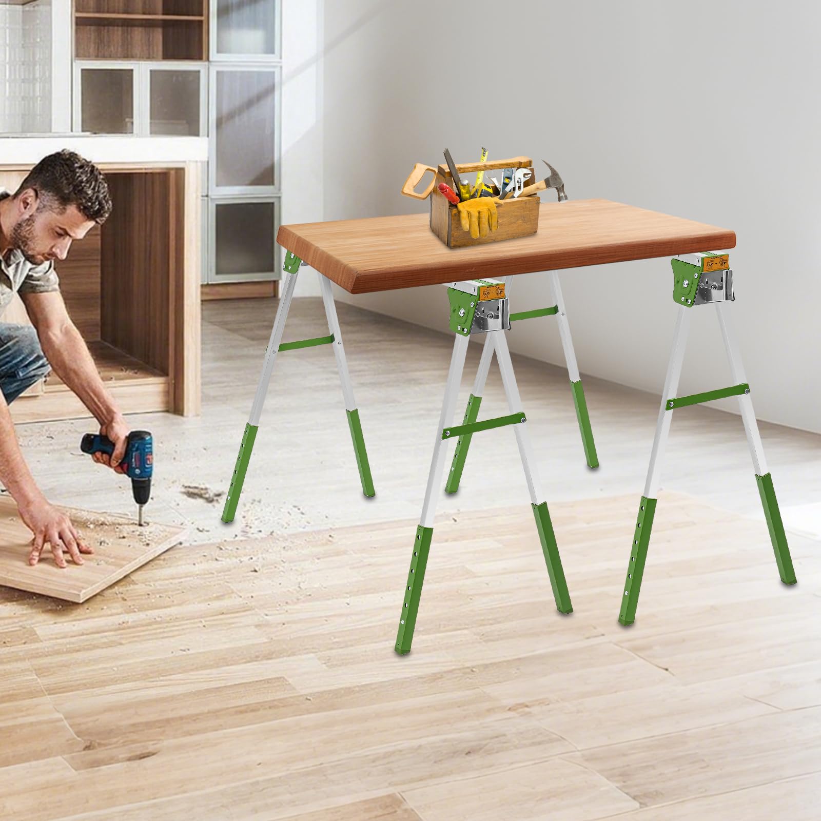 Juego de 2 caballetes de trabajo plegables, altura ajustable, capacidad de carga de 1200 kg, 6 ajustes de altura (72-89 cm), caballete plegable para banco de trabajo, garaje, obras (verde)