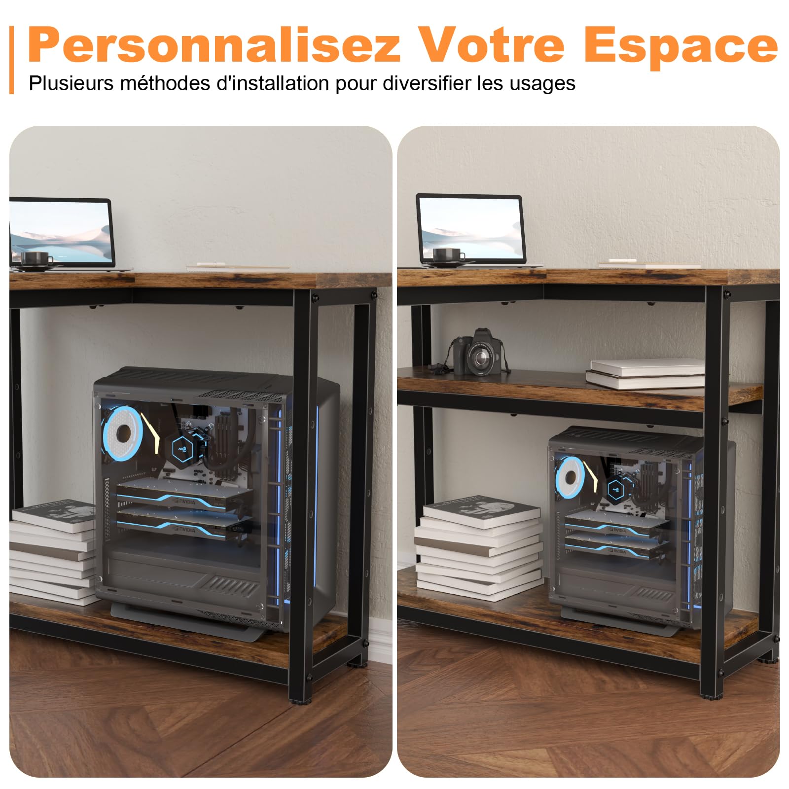 TRIUMPHKEY Bureau d'angle 120x80x75CM avec 3 Etagères Réversible à Gauche ou à Droite, Bureau Forme L pour Domicile, Marron