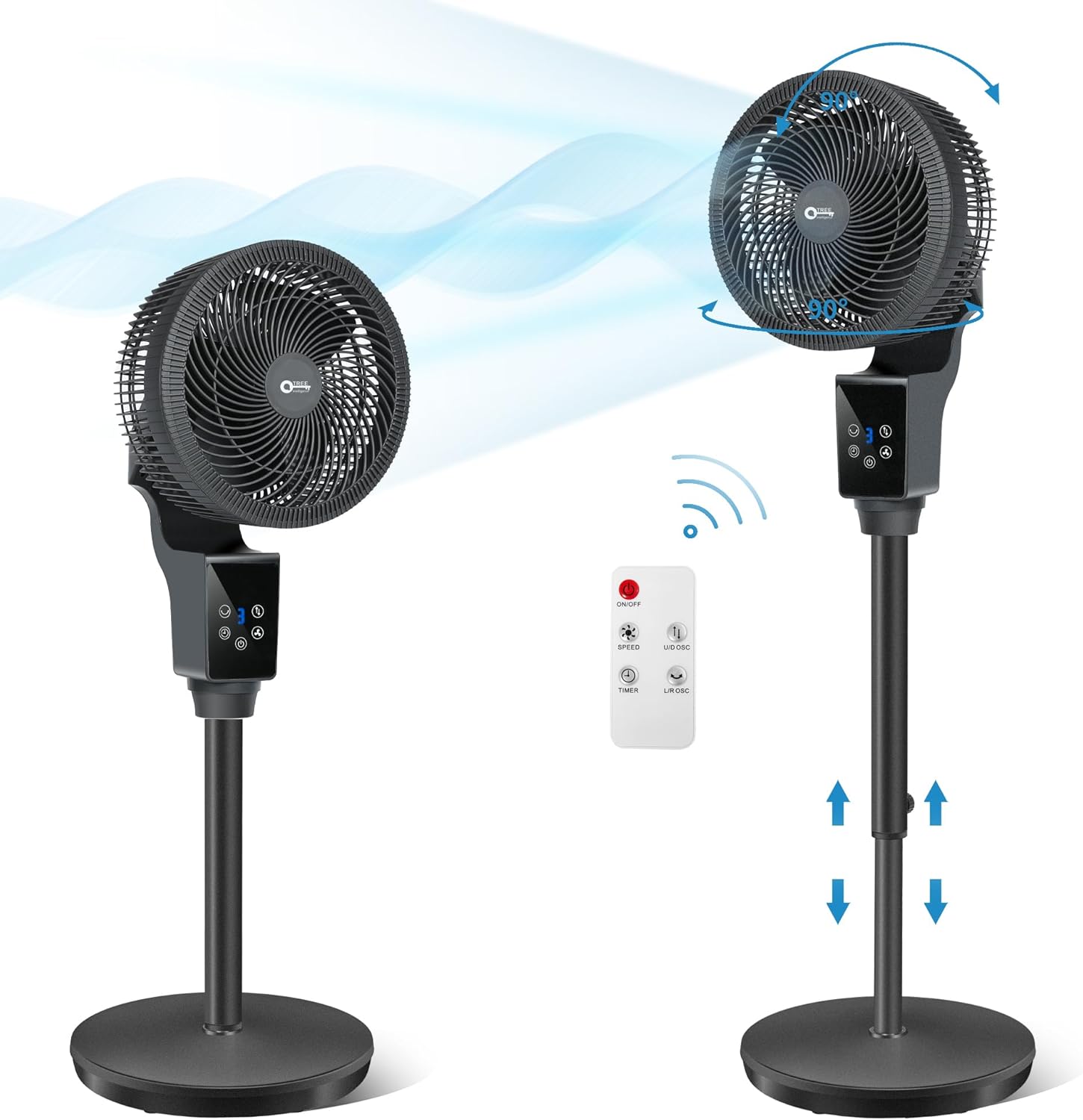 Oscillating Pedestal Fan, 43.3inch Adjustable Height Standing Fan, 360° Air Circulator Fan,3 Modes, Smart Remote Control for Home, Office, Playroom,Living Room(Grey)