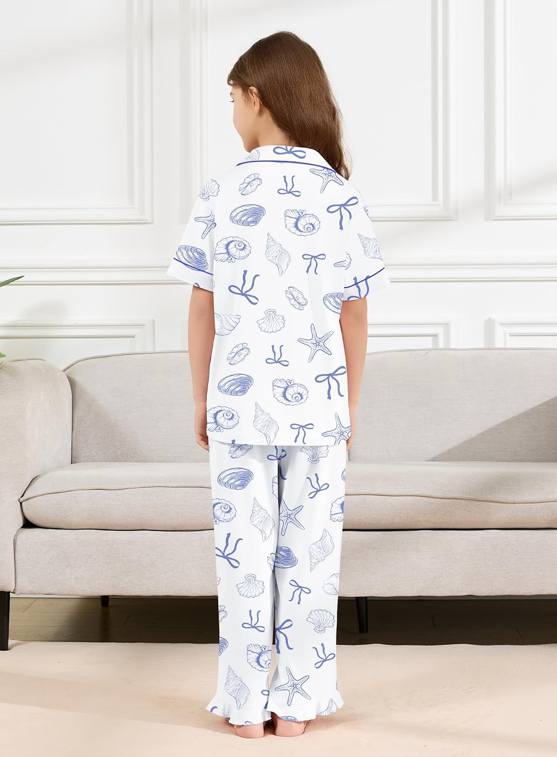 Umeyda Pajamas Set for Girls 2PCS Button-Down Short Sleeves Top and Ruffle Pants Sleepwear for Kids 5-14 Years