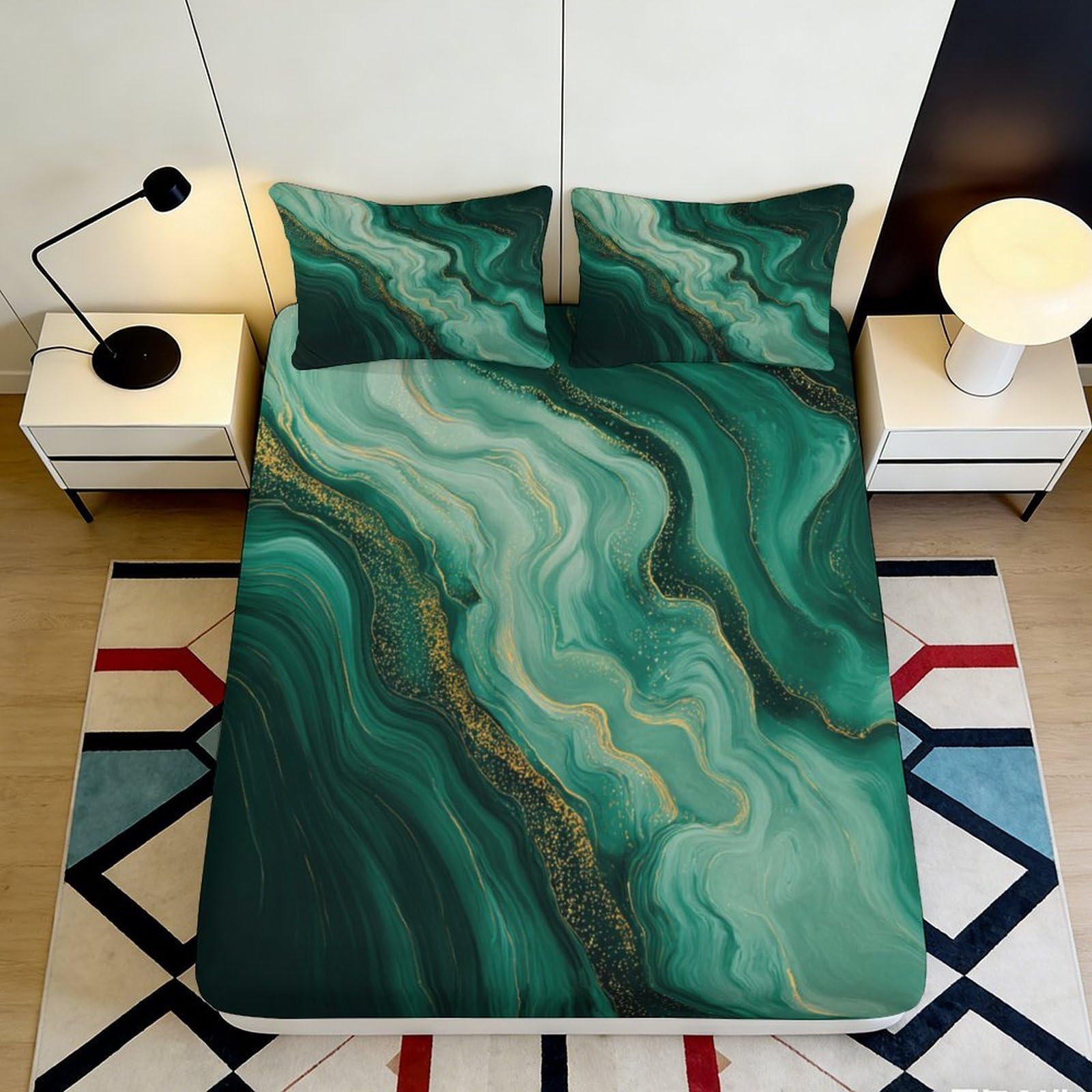 3D Printed Emerald Marble Fitted Sheet Microfiber Soft Green Gold Vein Bed Cover for Bedroom Guestroom Decor 90x200x25cm