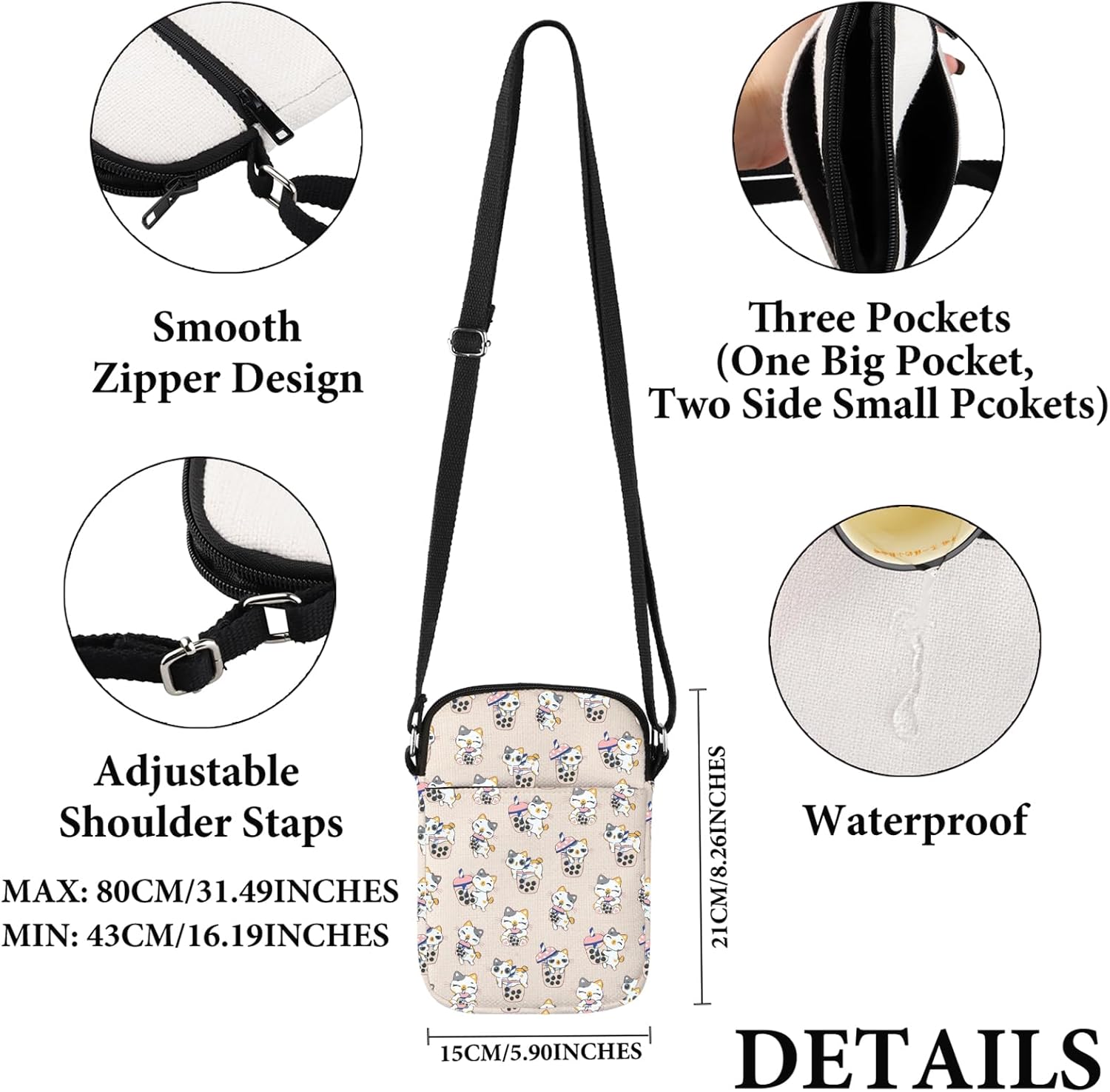 VAMSII Bubble Tea Lover Gift Cute Bubble Tea Cat Crossbody Bag Cat Mom Owner Travel Bag Cute Cat Design Gift - Image 4