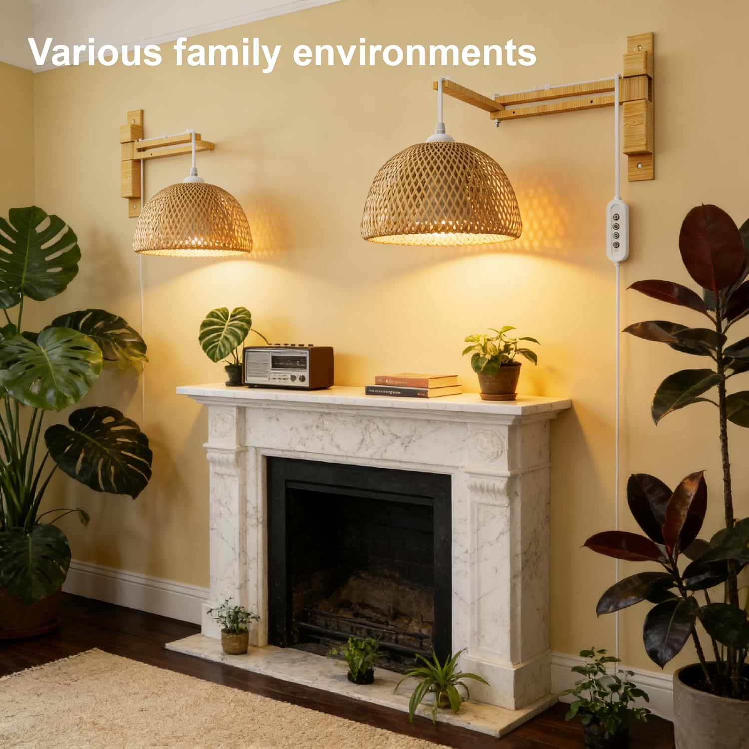 RDJ Bouns Hanging Grow Lights for Indoor Plants 20W Full Spectrum Rattan Lamp,Boho Bamboo Shade,4000K Wall Mounted Grow Light with 9.8ft Cord, Monstera Grow Light for Indoor Tall Plants & Home Decor