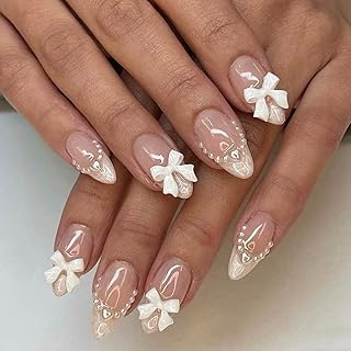 24pcs White French Tip Press-on Nails - Cute Bow Charms Design, Almond Shaped, Reusable, Nude Pink Artificial Nails for Women & Girls