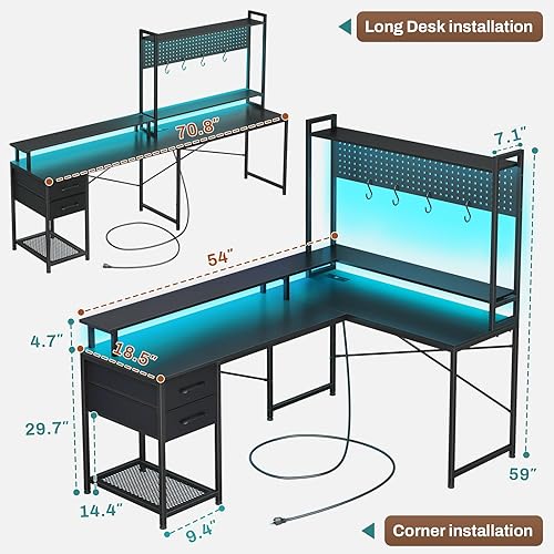Miniatura 2 de SEDETA Escritorio para juegos en forma de L, escritorio convertible para oficina en casa con 2 cajones de tela y regleta de alimentación, escritorio