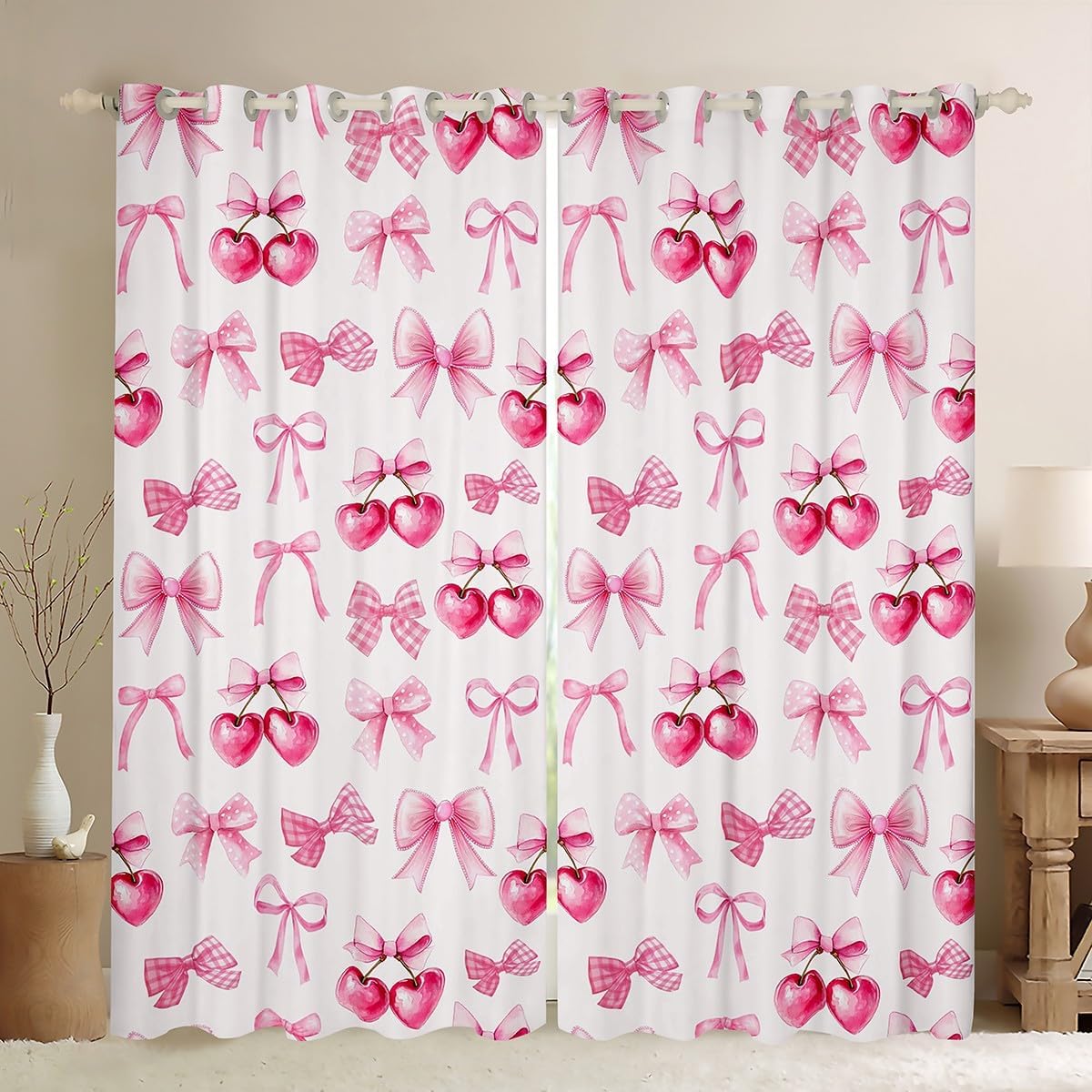 Girls Pink Bow Curtains,Kids Adults Teens Room Decor Cartoon Bowknot Cherry Boys Girls Window Treatment Curtain,Fairy Tale Princess Style Window Drapes,Top 2 Panel,38Wx45L