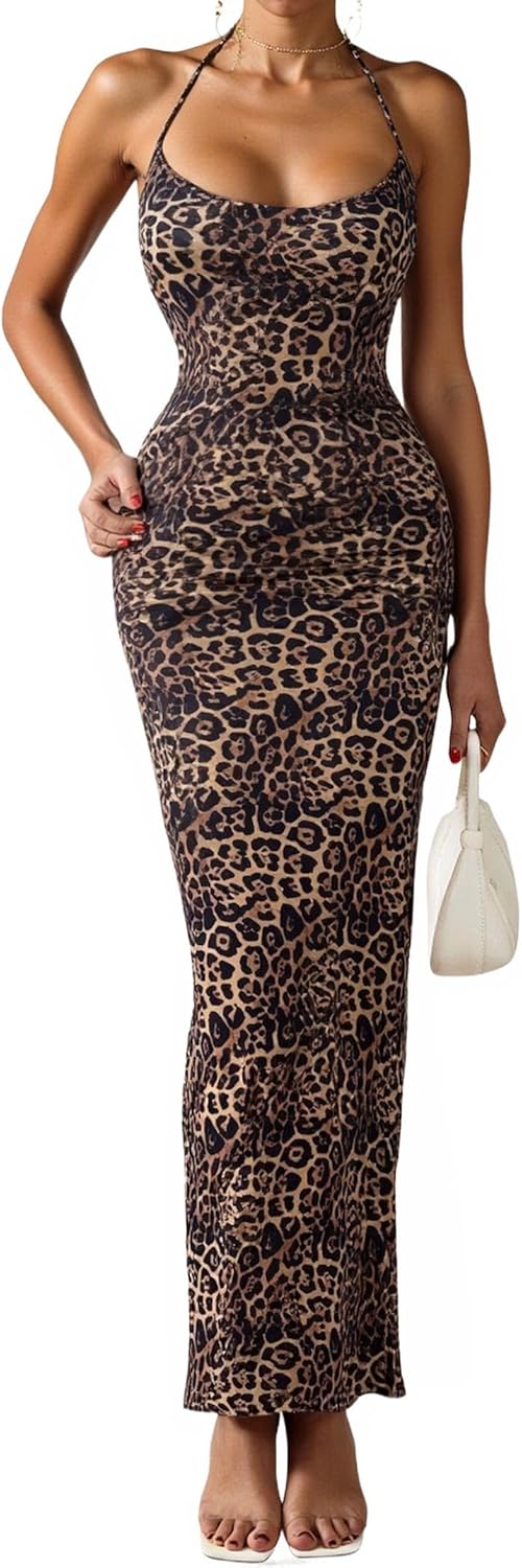 SOFIA'S CHOICE Cheetah Print Dress Leopard Halter Neck Long Tight Bodycon Spaghetti Strap Maxi Dress - Image 6