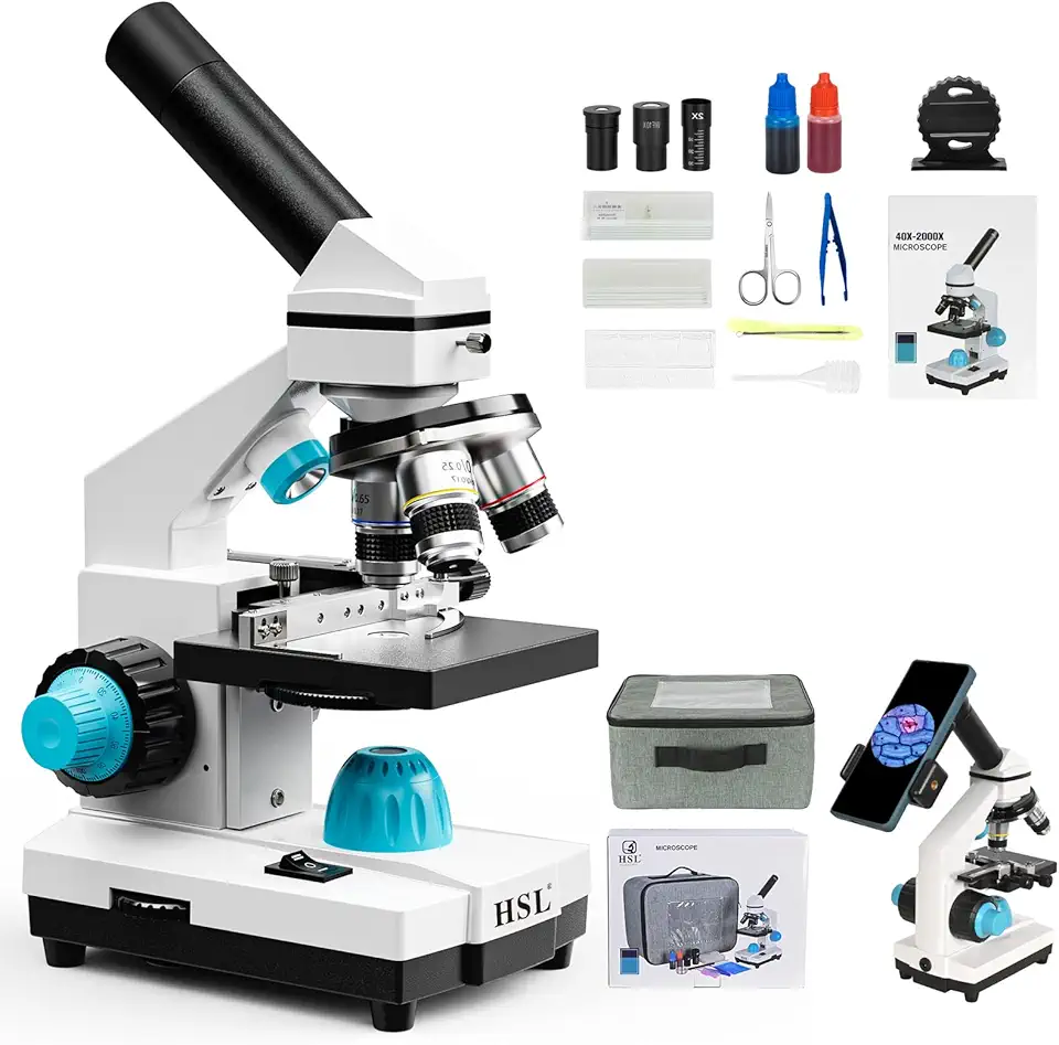 HSL Microscópio 40X-2000X para crianças, kit de microscópio composto monocular para estudantes e adultos, conjunto de microscópios biológicos poderosos de LED duplo para iniciante em ciências e