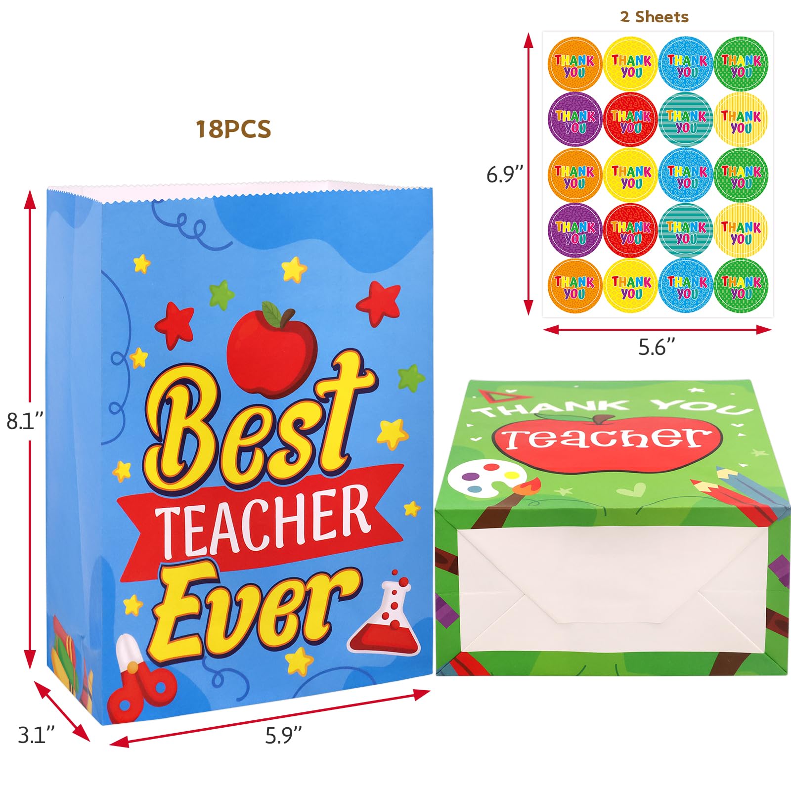 Fancy Land Teacher Appreciation Gift Bags 18 Pcs Thank You Teachers Goody Bags Party Favor Paper Bright Colorful