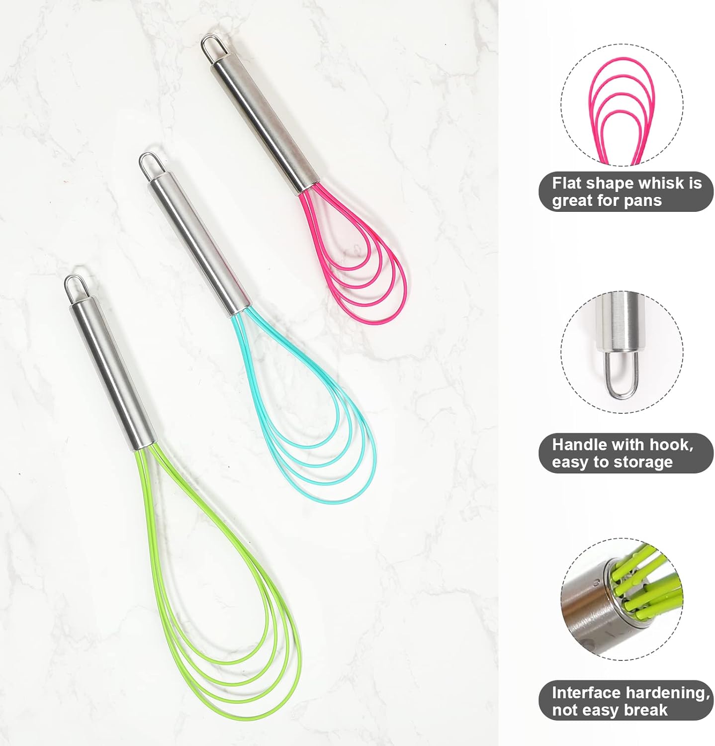 Webake Silicone Flat Whisk Set of 3, Heat Resistant Kitchen Whisks for Non-stick Cookware, Egg Beater Perfect for Blending, Whisking, Beating, Frothing & Stirring - Image 2