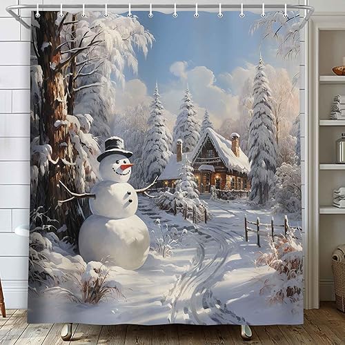 Miniatura 3 de MERCHR - Cortina de ducha con diseño de muñeco de nieve navideño, cortinas rústicas de invierno con árboles de nieve para baño de granja, juego de