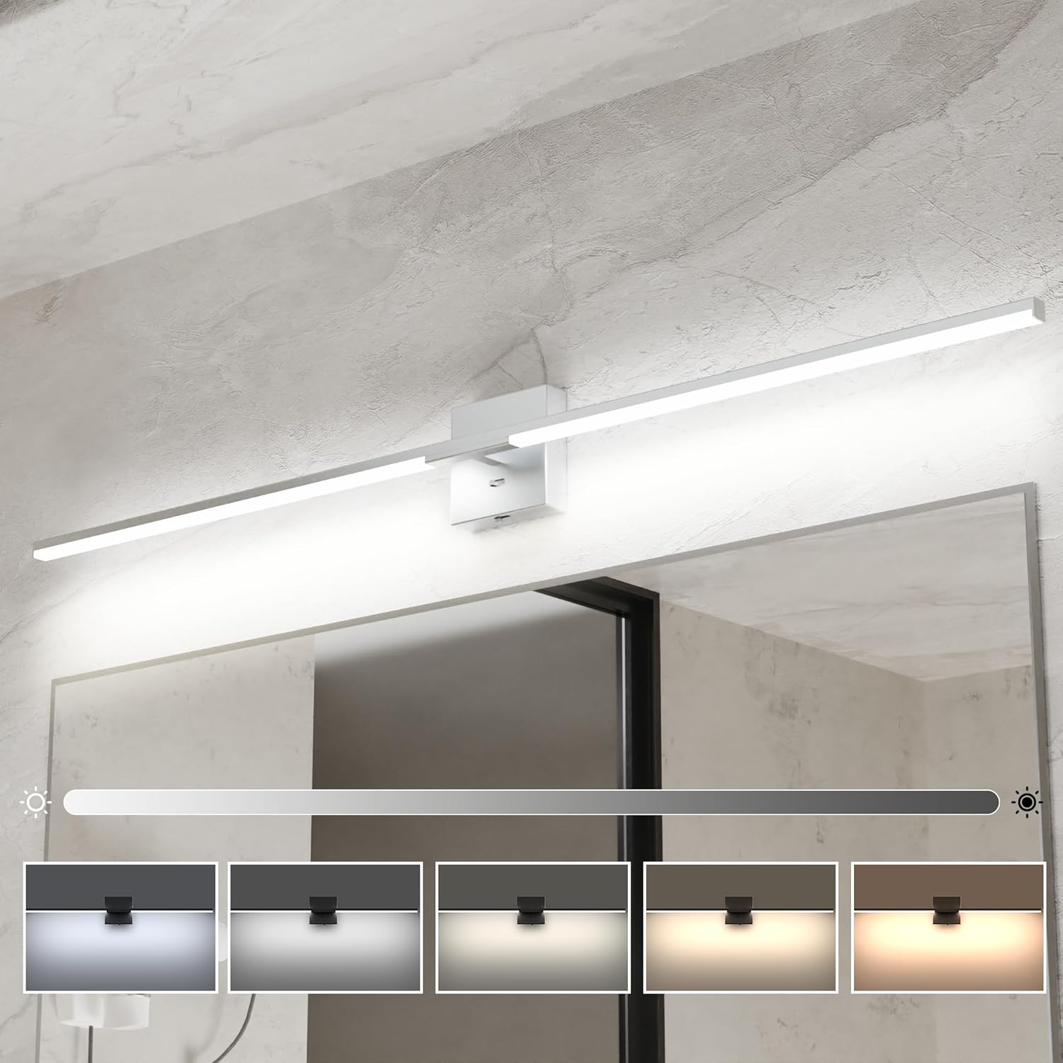 Ensenior Modern Bathroom Vanity Light 48 Inch, Built-in Dimmer, 28W Dimmable 5CCT LED Light Fixture Over Mirror, Silver Bar for Mirror Cabinets Bedroom - FCC Certificated 48 Inch Silver