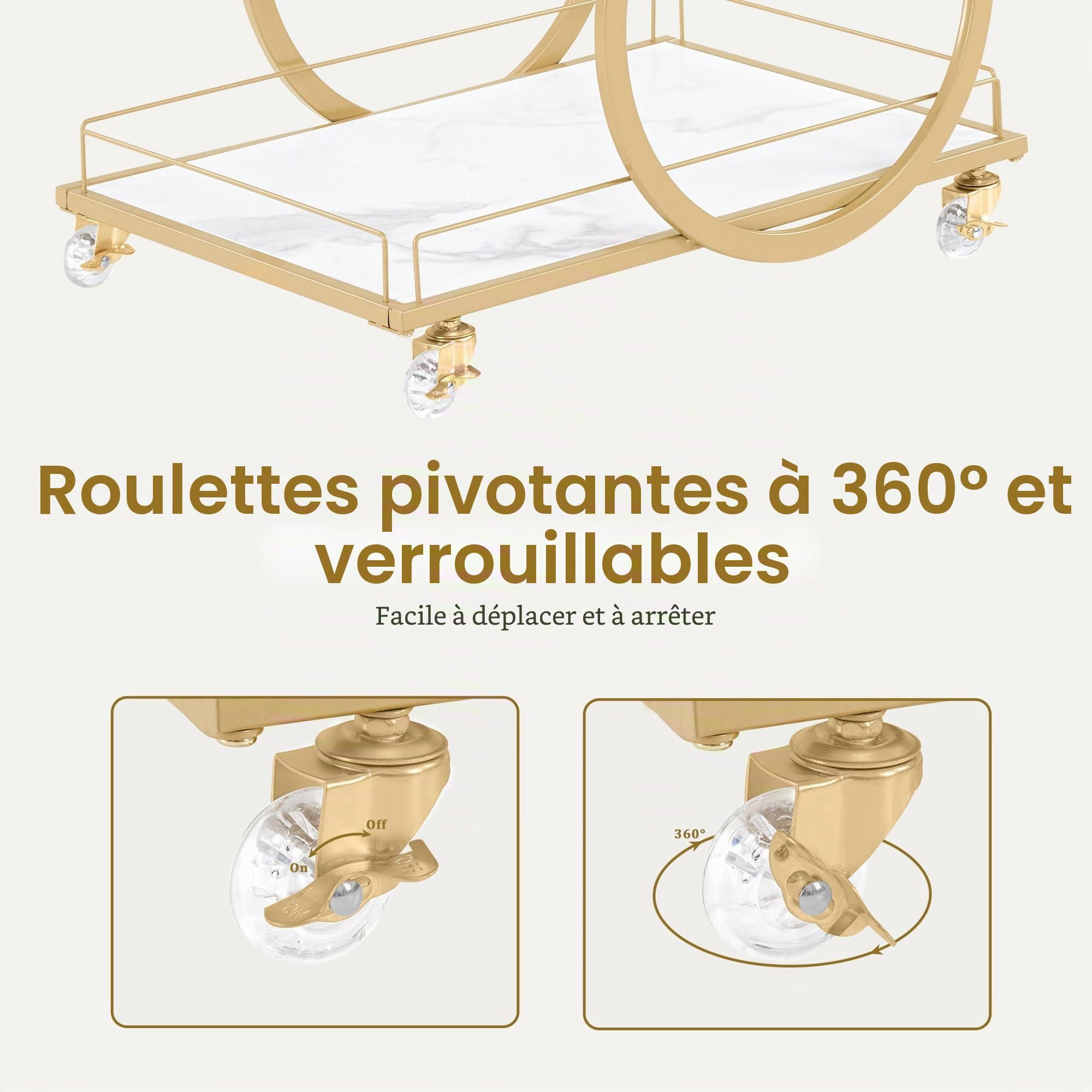 BarberPub Chariot de Service à roulettes 3 Niveaux Structure métallique Blanc-Or 65x43x70