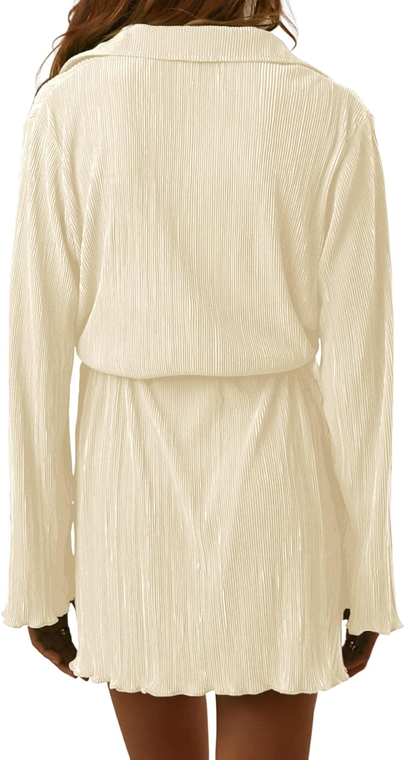 LYANER Women's Collar V Neck Button Down Pleated Long Sleeve Mini Shirt Dress with Belt - Image 2