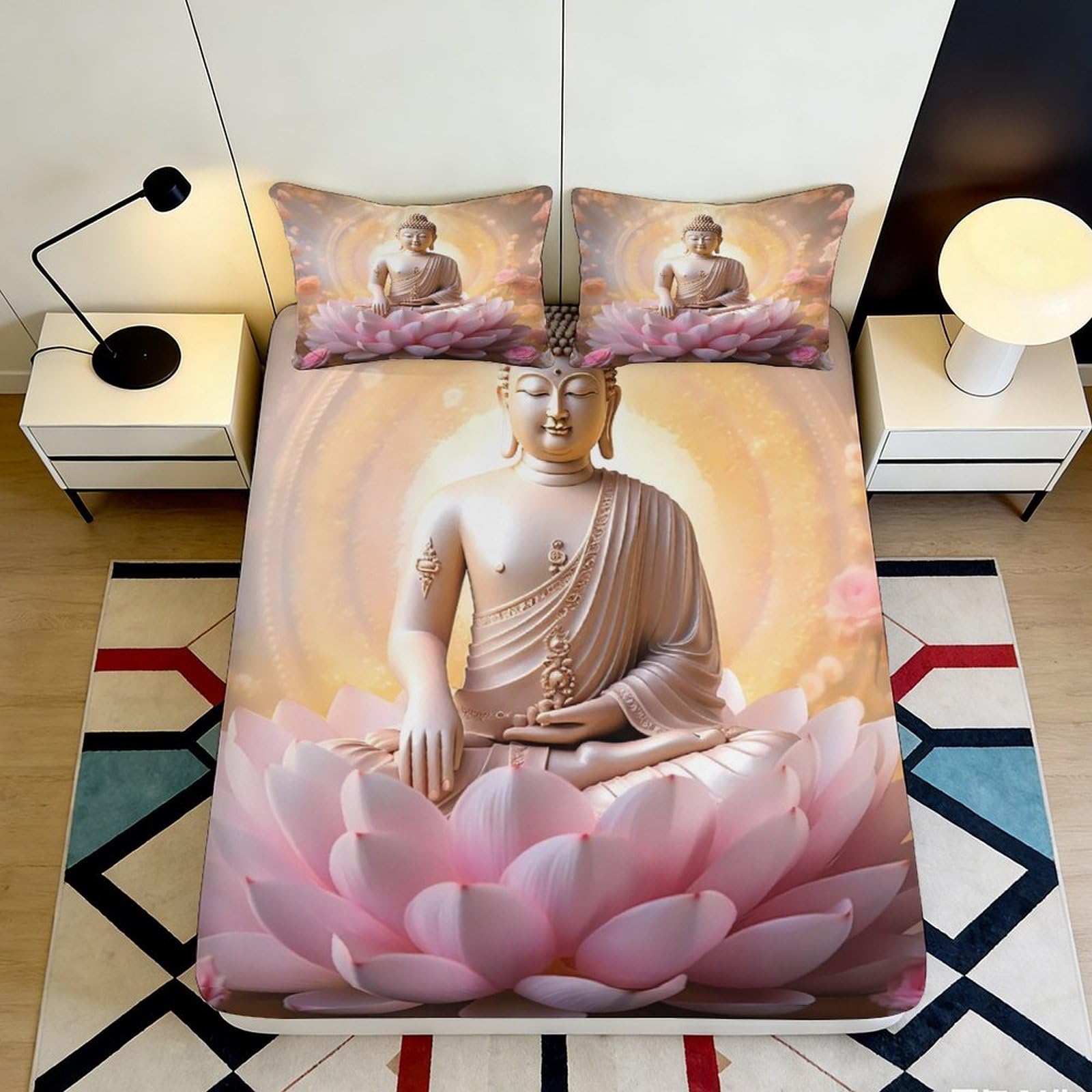 3D Printed Buddha Lotus Fitted Sheet Microfiber Soft Breathable Meditation Bed Cover for Bedroom Guest Room Decor 90x200x25cm