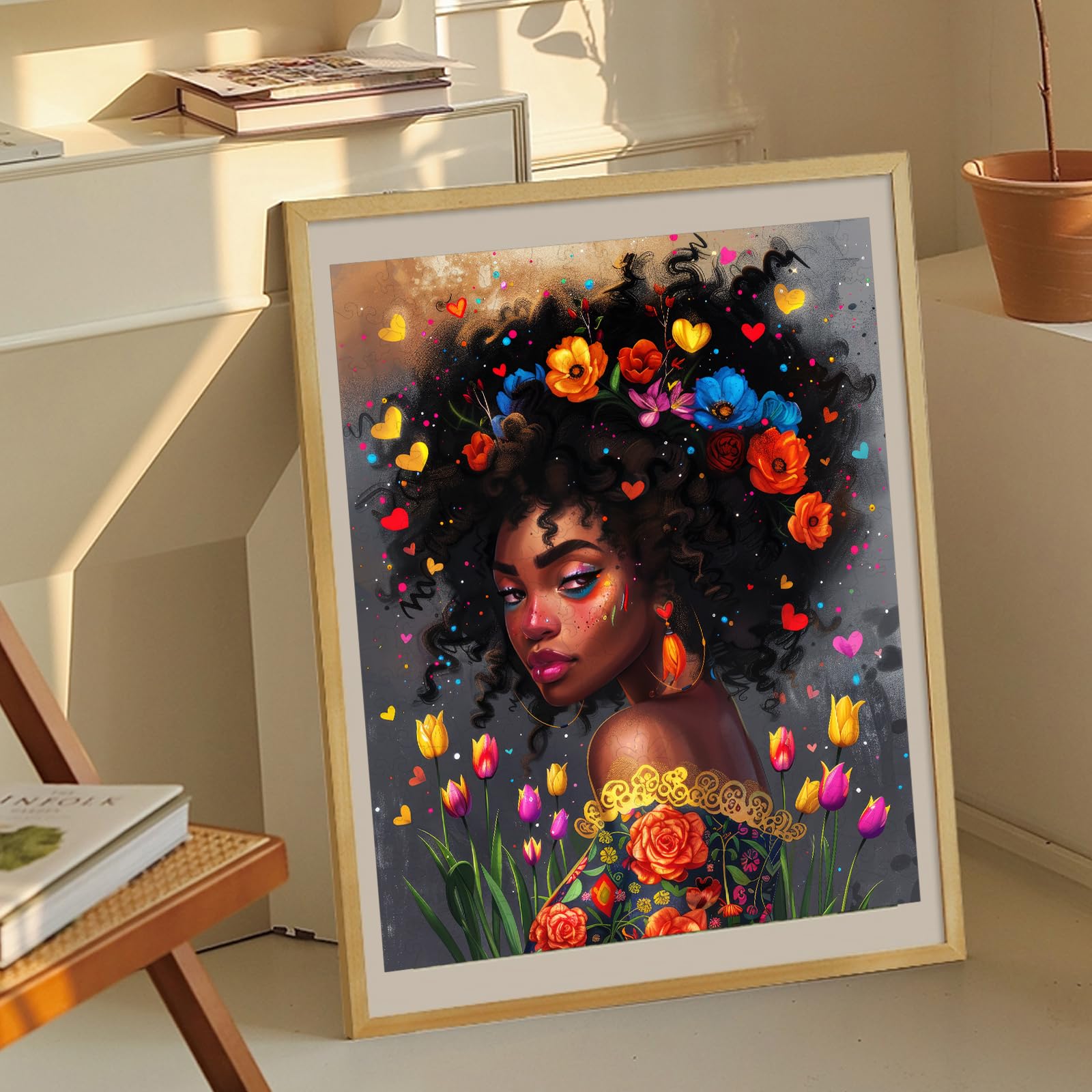 MYS A·U·R Magnifique puzzle en bois afro-américaine pour adultes, motif floral afro tendance, puzzle en bois de fleur de forme unique, 200 pièces, 30,5 x 24,4 cm, cadeau d'anniversaire, jeu familial
