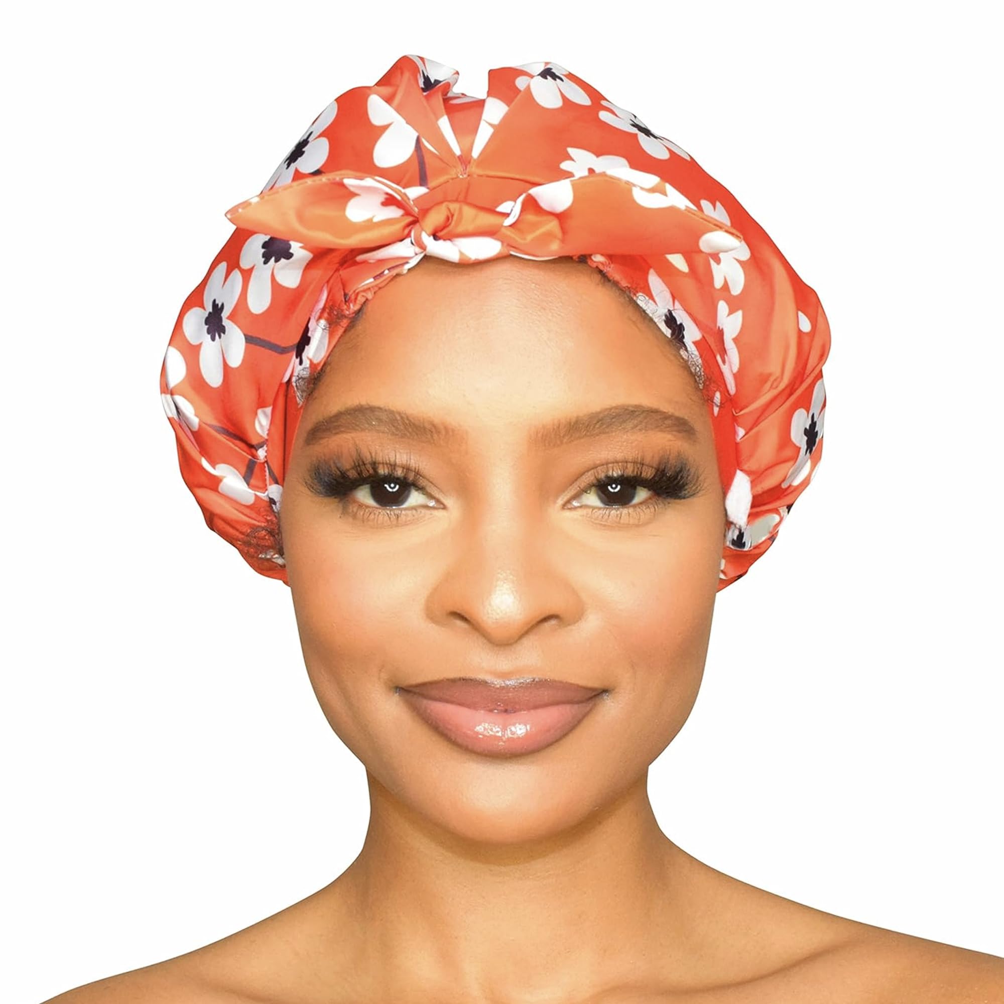 GRACE & COMPANY Luxury Shower Cap For Women - 100% Waterproof, Reusable, Washable & Breathable Shower Caps - Clementine