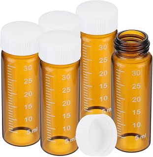 PATIKIL Small Glass Sample Bottles with Lids, 5 Pcs 30ml Amber Glass Vials with White Screw Caps Mini Leak Proof Reagent Sealed Bottles with Scale for Solid Liquid Powder Storage