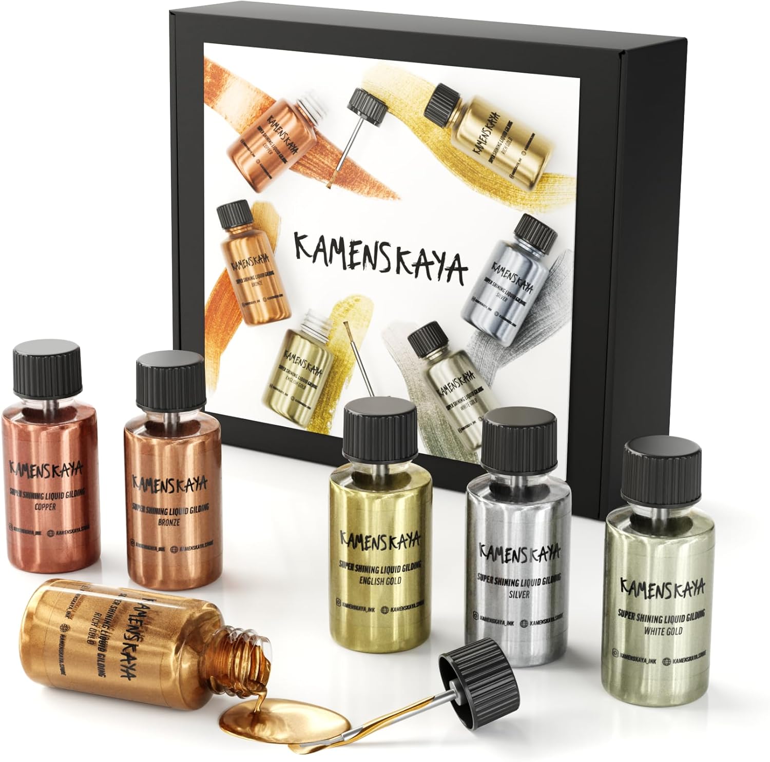 Liquid Leaf Paint - Gilding Paint Set - Rich & English Gold, Silver, Bronze, Copper, White Gold - 6 pcs. 0.68 fl oz (20 ml) Each