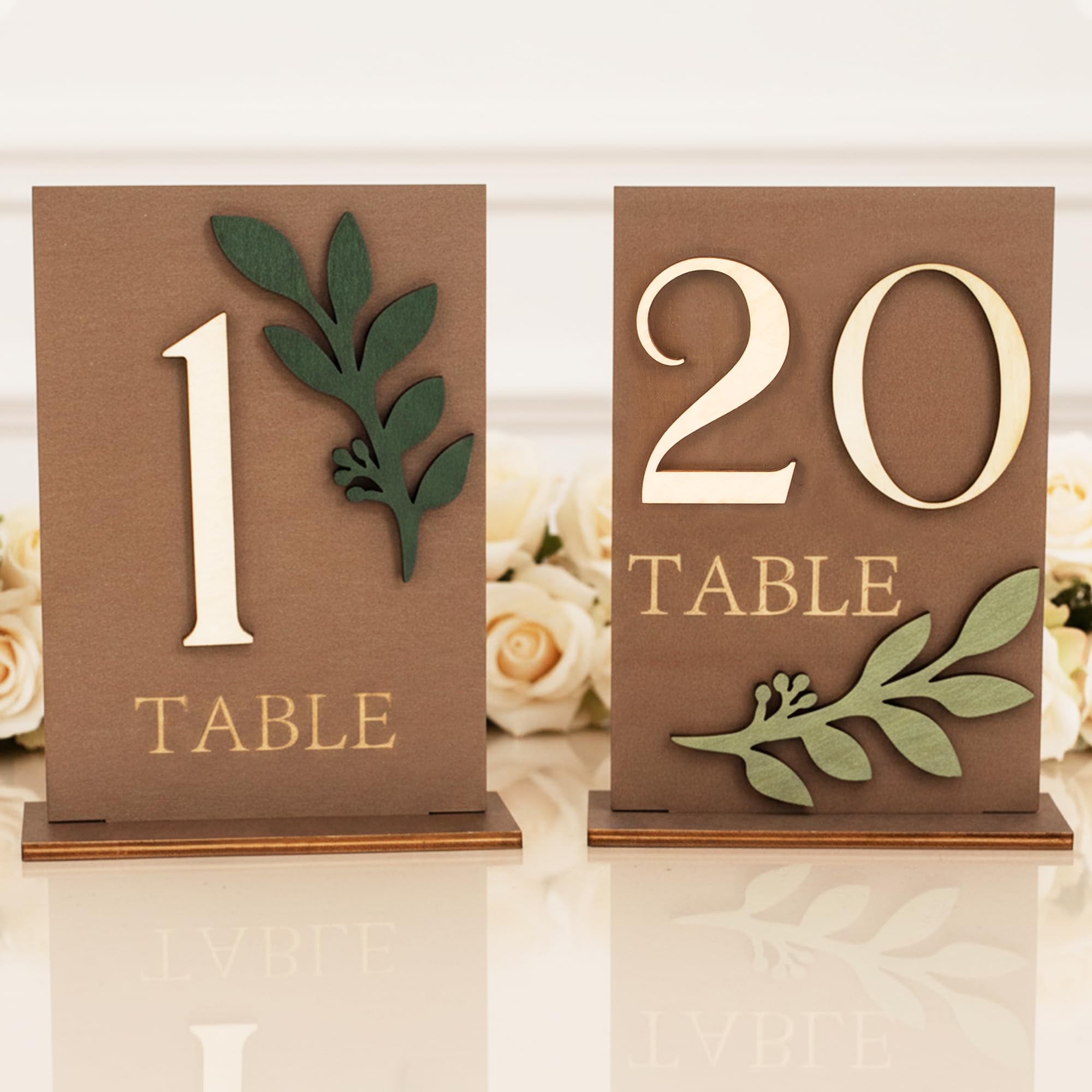 Photo 1 of Wedding Table Numbers 1-15 with Holders, Elegant Wood Table Numbers with Eucalyptus Leaves for Wedding Reception, Centerpiece Decoration, Event, Party
