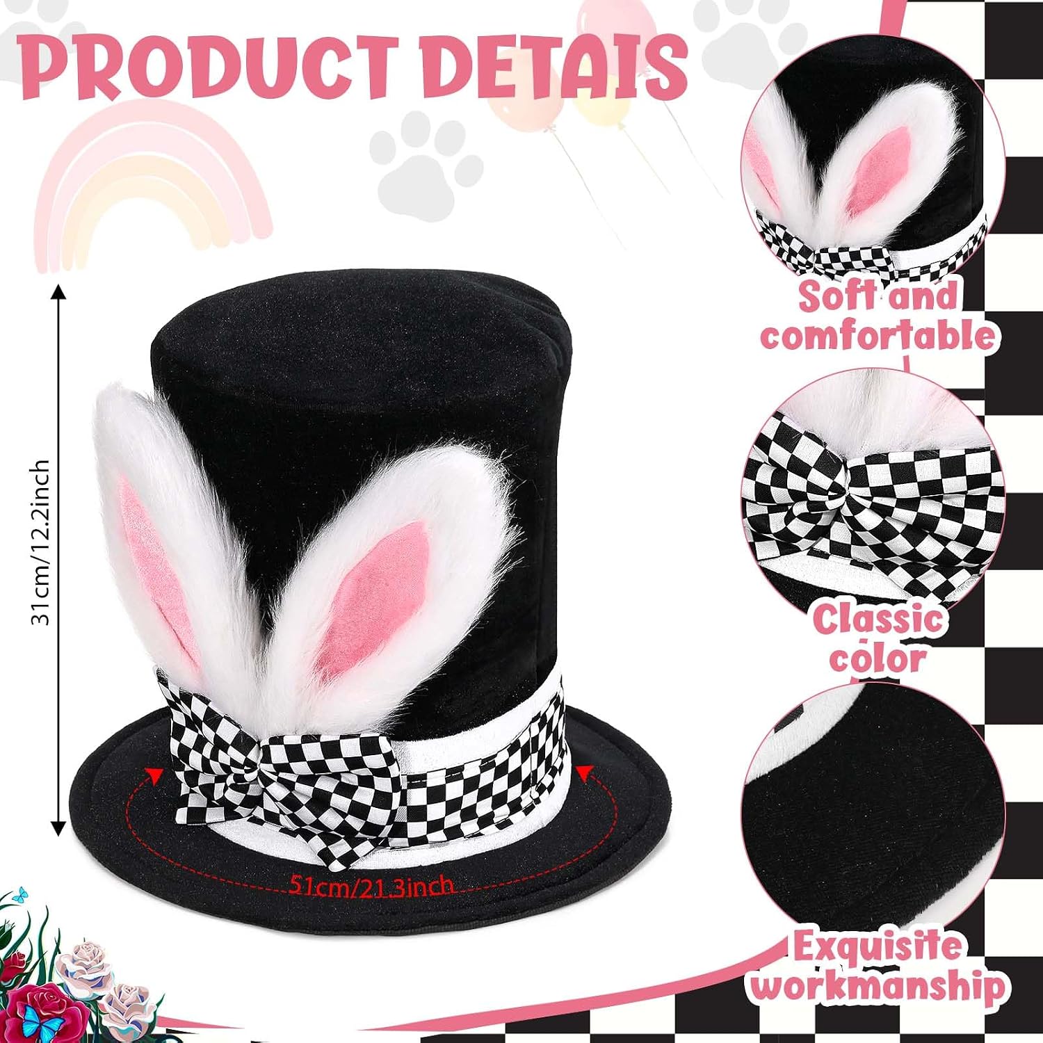 Kavoc 7 Pcs Halloween White Rabbit Costume Include Rabbits Ears Plush Topper Hat,Bunny Nose,Rabbit Clock,Glasses,Bowite and Gloves for Men Women Movie Character Dress Up