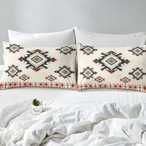 Miniatura 4 de Manfei Sábana bajera ajustable geométrica étnica tamaño individual, juego de ropa de cama de estilo indio americano, 2 piezas para niños y niñas,