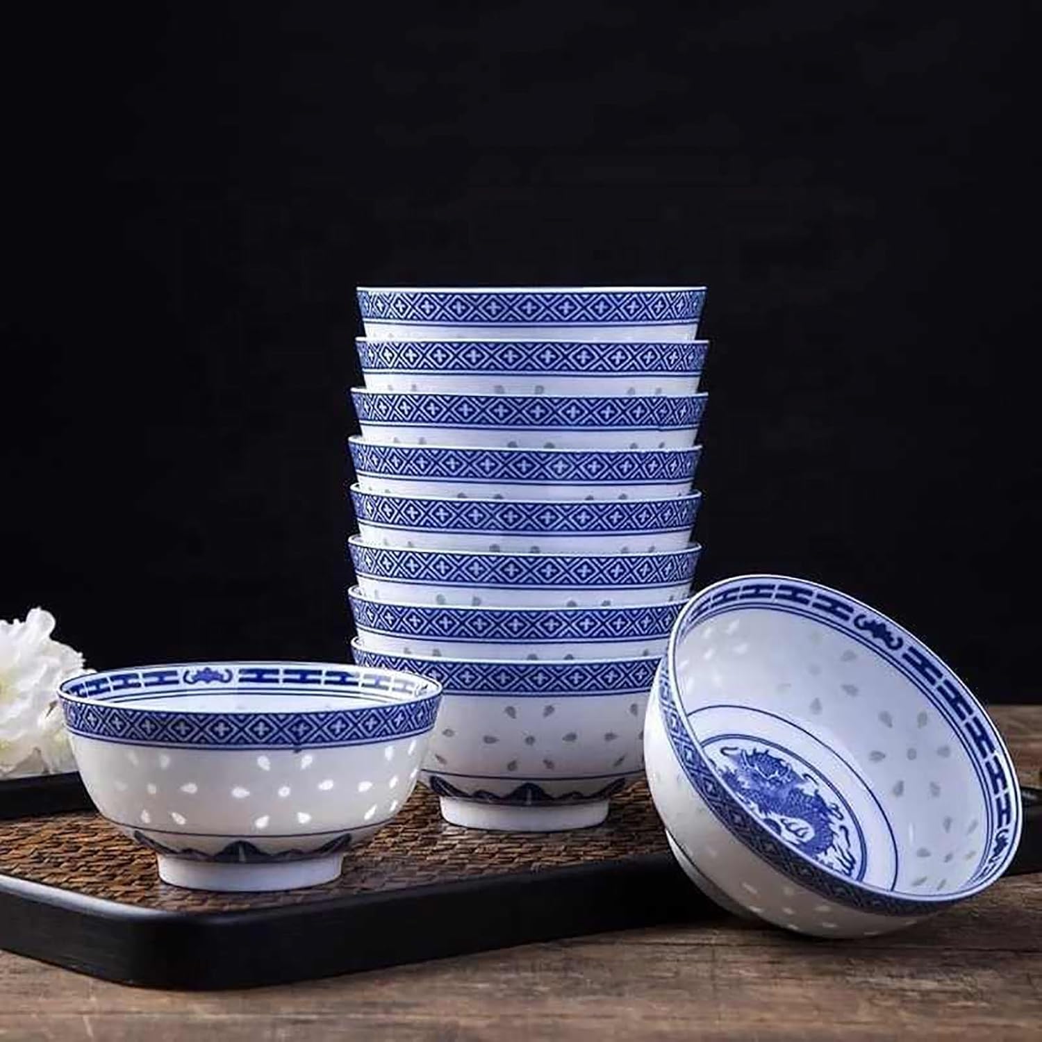 Keramik Ramen Schüssel Set, Blaue Und Weiße Porzellan Nudelschalen Für Suppe, Salat, Reis Und Asiatische Küche, Mikrowellen- Und Spülmaschinenfest, Chinesisches Drachendesign, 6in