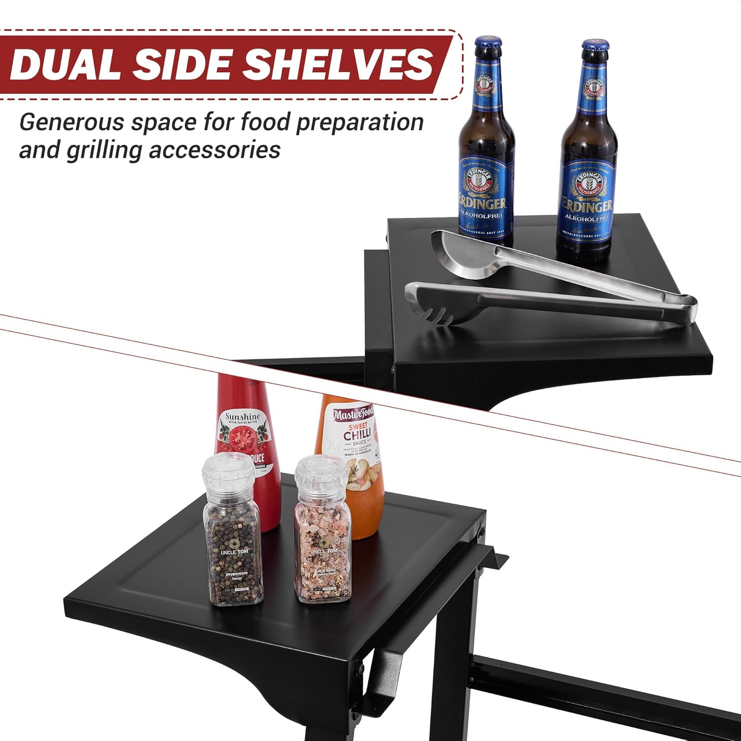 Tabletop Griddle Stand with Basket and Side Shelves, LP Cylinder Holder,Easy Mobility, Cart Frame for Portable Gas Griddles, Ideal for Outdoor and Patio Grilling, Black, PD1300T-SC