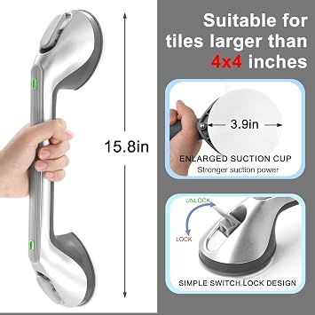 Newthinking Long Suction Grab Rail for Bathroom, 16inch Suction Shower Handle with Indicator, Portable Suction Safety Grab Handle Mobility Aids for Elderly Disabled (1, Silver)