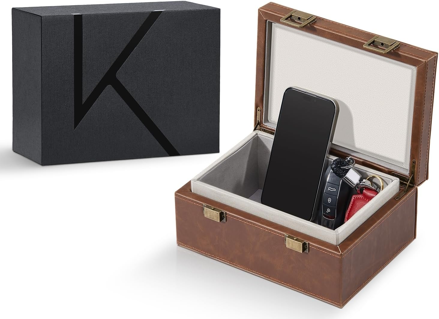 KK6 PLUS-BR Faraday Key Fob Protector Box, RFID Signal Blocking Shielding Box for Car Keys, Anti-Theft Vintage Faraday Cage with High-Grade Protein Leather, Brown - Size: L