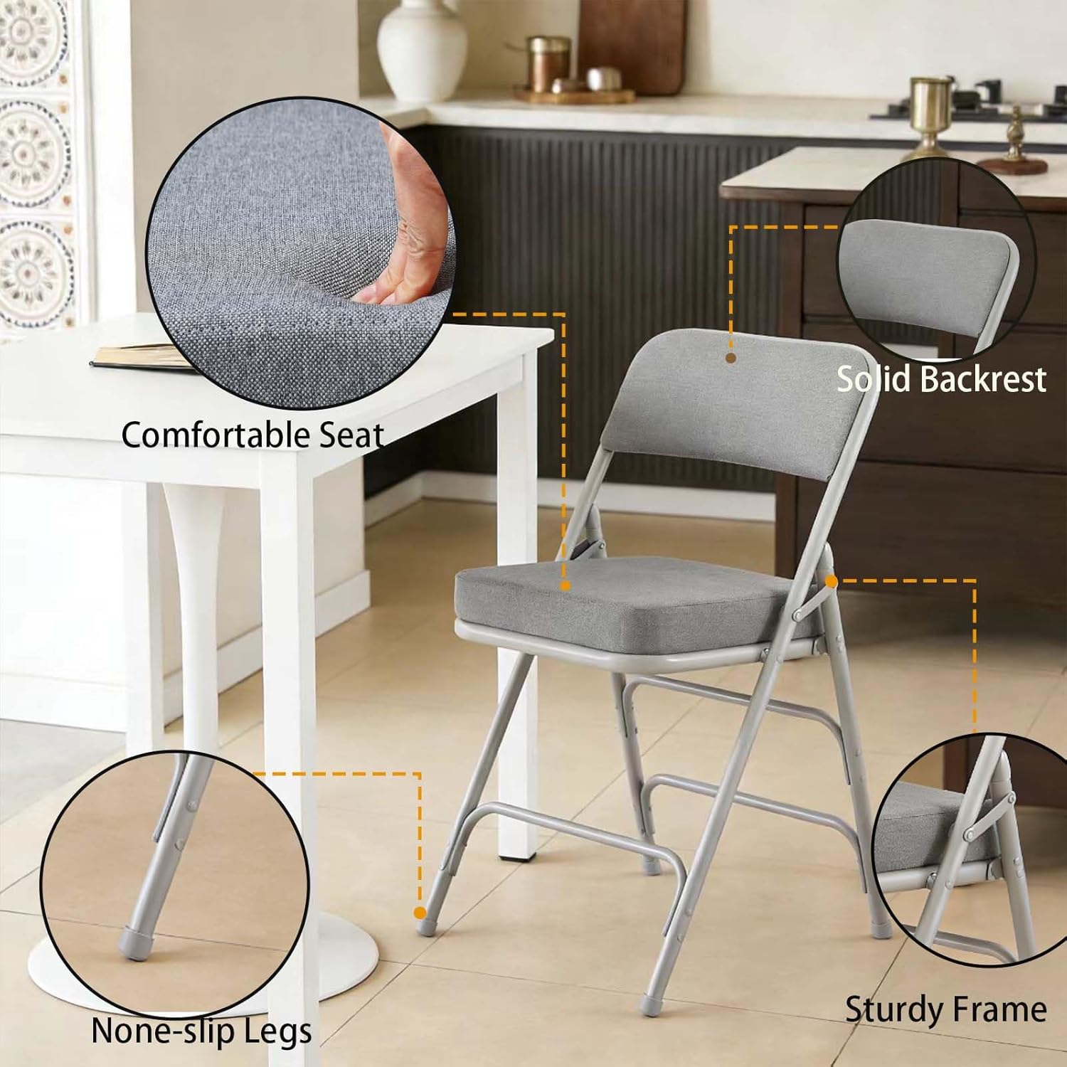 Heavy Duty Padded Folding Chair,Ultra Thick Vinyl Seat, Soft Quick-Rebound Cushion, Sturdy Anti-Rust Metal Frame,Space-Saving Foldable Chair for Indoor Home Office Dorm Party (GREY 1PC)
