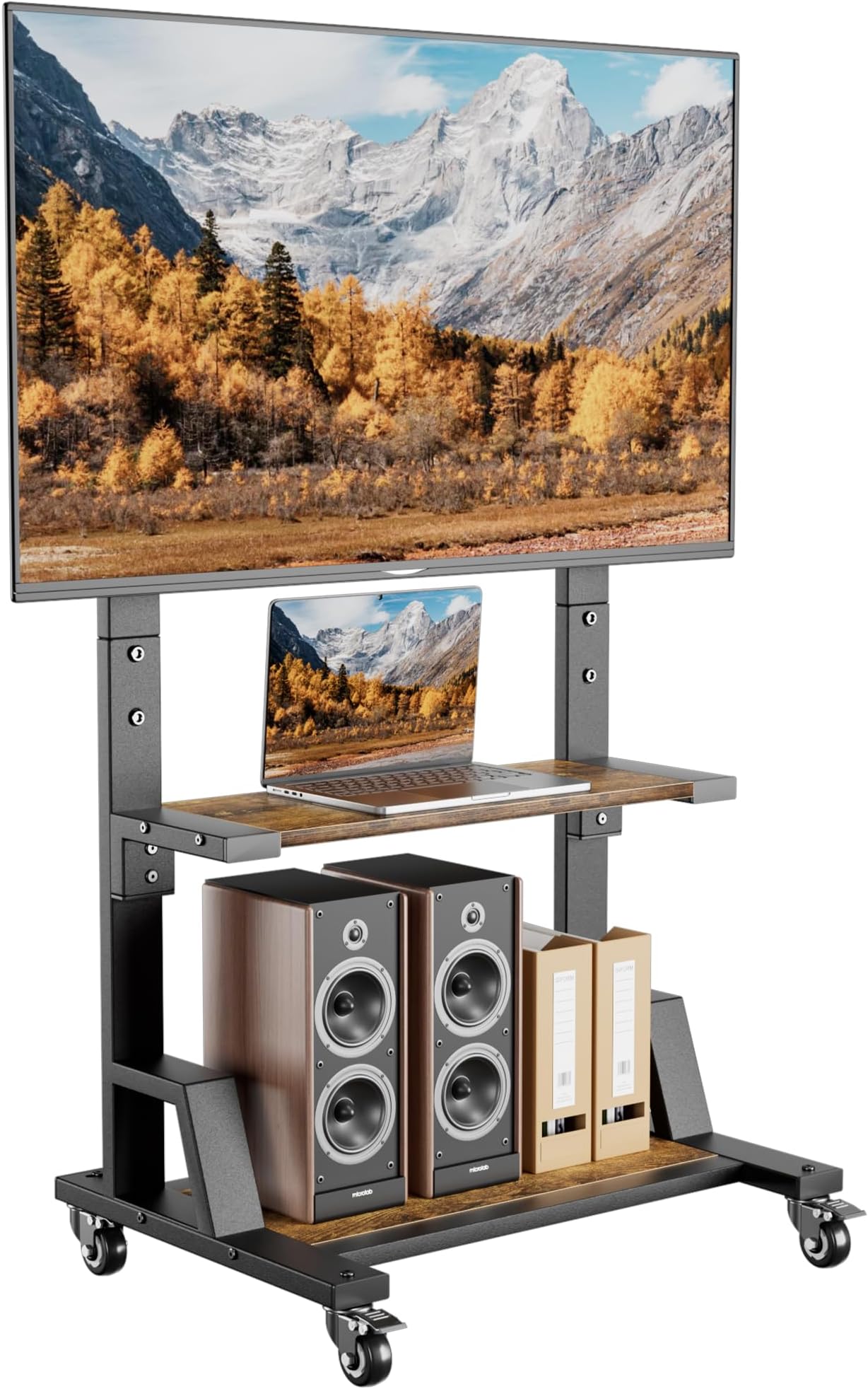 AENTGIU Rolling TV Stand for 32-75 Inch TVs, Mobile TV Stand on Wheels with Adjustable Mount and Wood Shelves, Portable Floor TV Cart for Living Room, Bedroom, Office, Holds 150 lbs