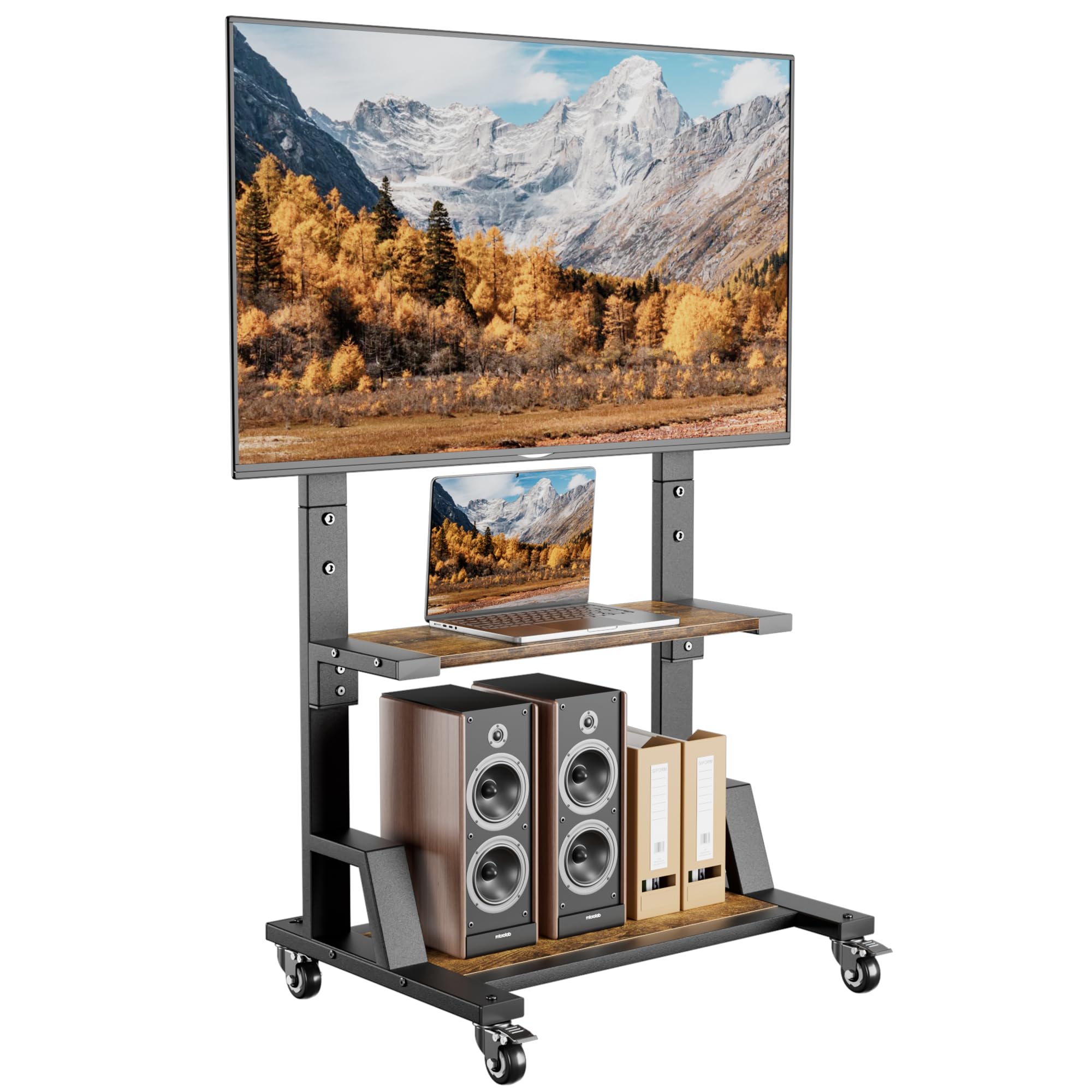 AENTGIU Rolling TV Stand for 32-75 Inch TVs, Mobile TV Stand on Wheels with Adjustable Mount and Wood Shelves, Portable Floor TV Cart for Living Room, Bedroom, Office, Holds 150 lbs