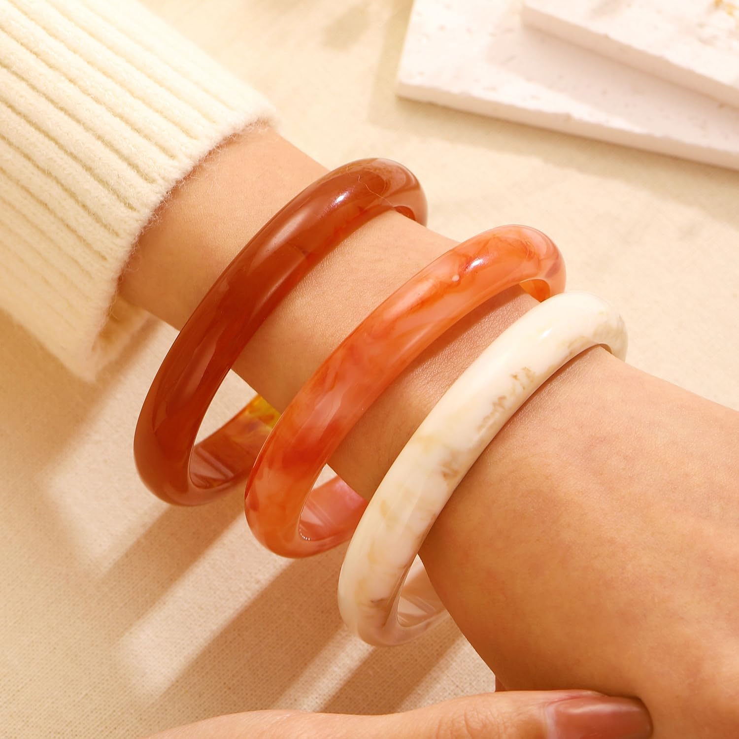 MYANAIL 3Pcs Chunky Acrylic Stackable Bracelets Bangle Set for Women Colorful Large Thick Resin Wristbands Bracelets Geometric Circle Cuff Statement Bracelet Set Jewelry Gift