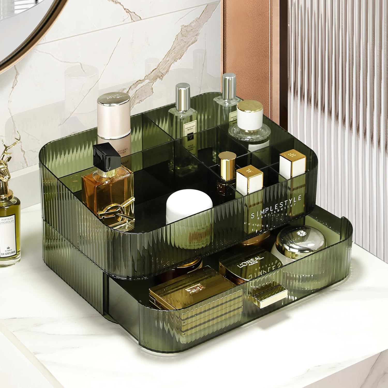 Makeup Organizer for Vanity, Large Desk Organizer with Stackable Drawer for Cosmetics, Skincare, Lipsticks, Eyeshadow Palette, Nail Care, Ideal Storage for Dresser and Bathroom Countertop-Green - Image 2