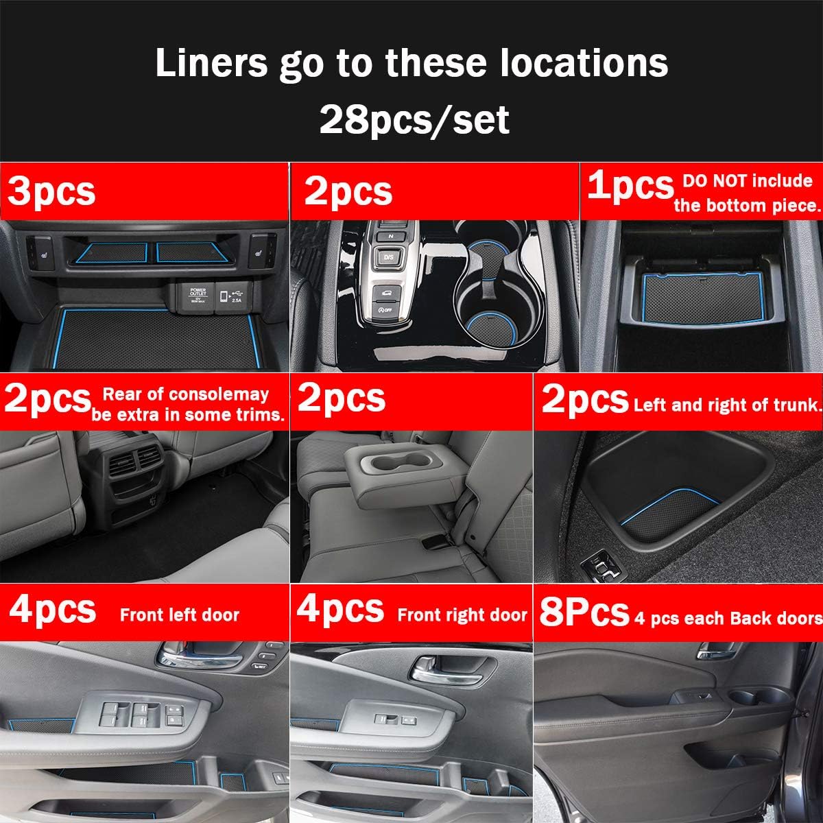 Auovo Cup Holder Door Mats for Honda Passport Accessories 2019-2023 Interior Custom Fit Door Compartment Center Console Anti Dust Mats Inserts (28pcs/Set) (Blue Trim)