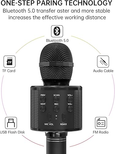 Miniatura 2 de OVELLIC Paquete de 2 micrófonos de karaoke para niños, micrófono inalámbrico Bluetooth de karaoke para cantar, micrófono portátil de mano con