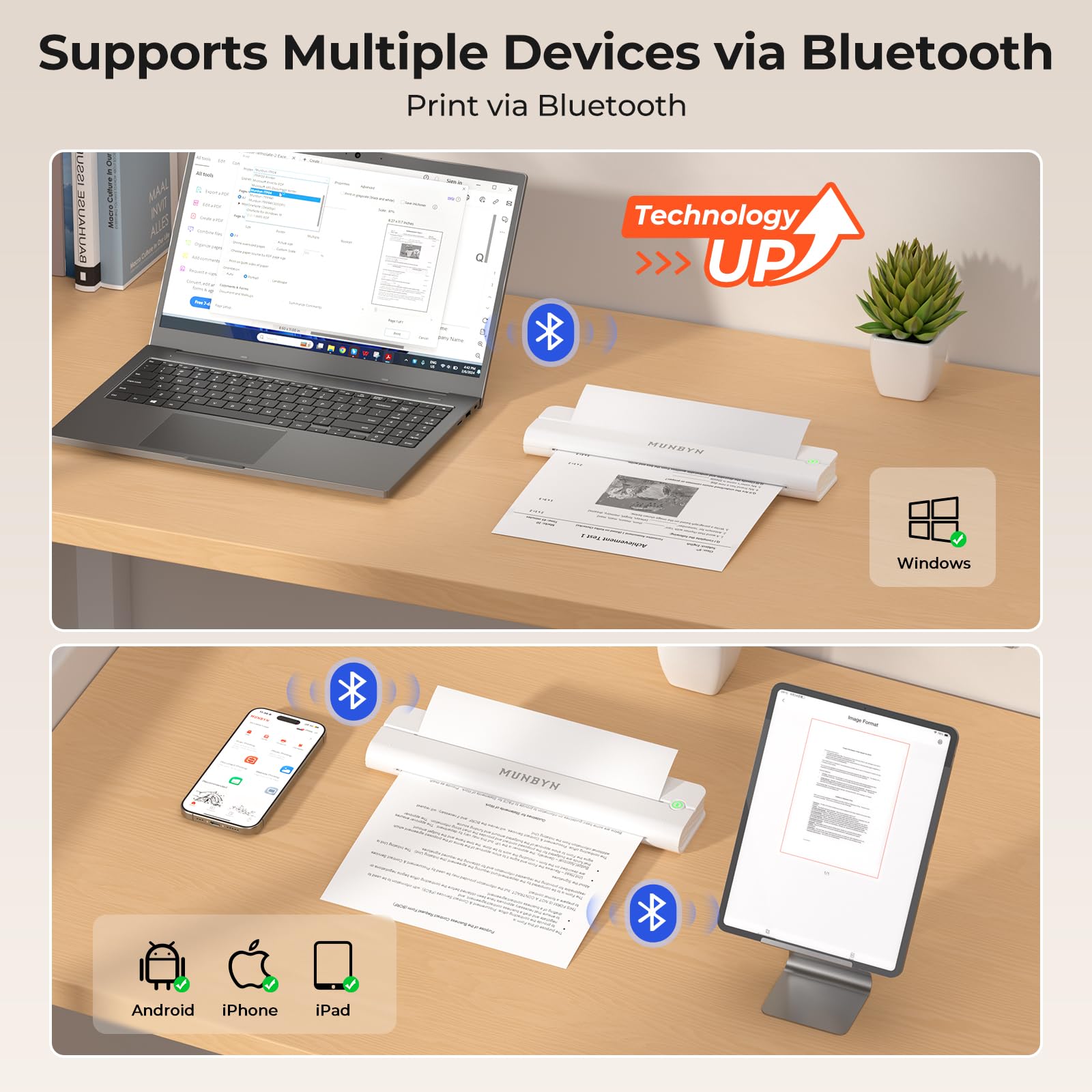MUNBYN ITP02 Imprimante Thermique A4 Bluetooth Portable sans Fil pour Voyage Compatible Android iOS Blanc