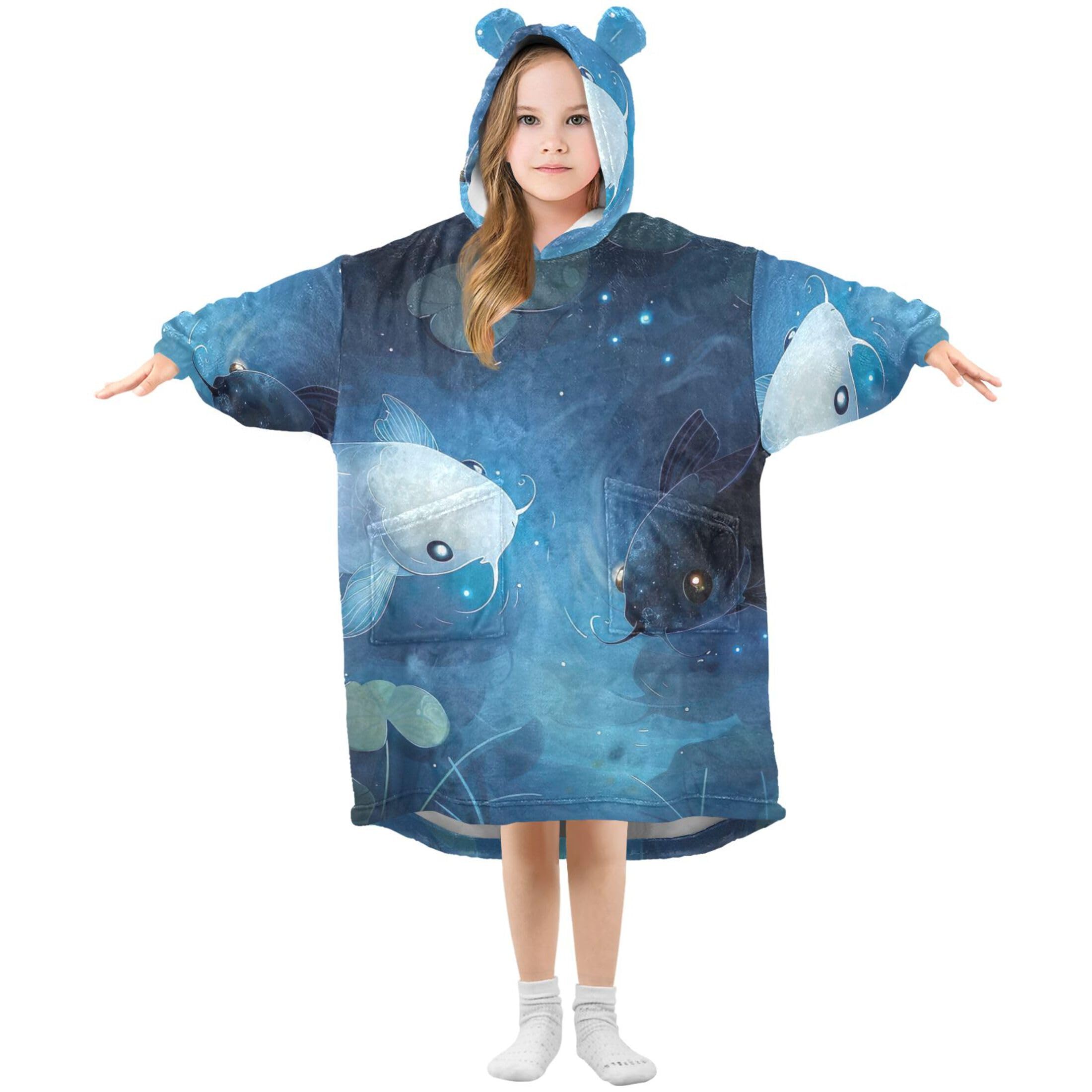 Sevdomey Cute Ghost Koi Fish Wearable Blankets for Kids Boy Girl, Hoodie Double-Layer Blanket Oversized Sweatshirt