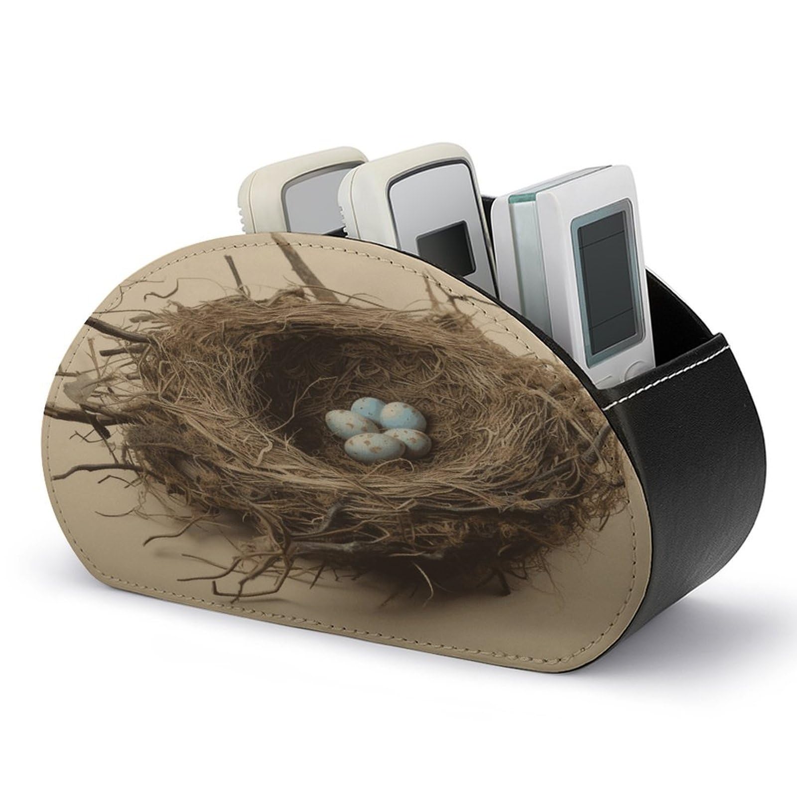 VstaDank Birds Nest Remote Control Holder with 5 Compartments PU Leather TV Remoter Caddy Desktop Organizer TV Remote Holder Remote Box for Media Controllers Office Supplies