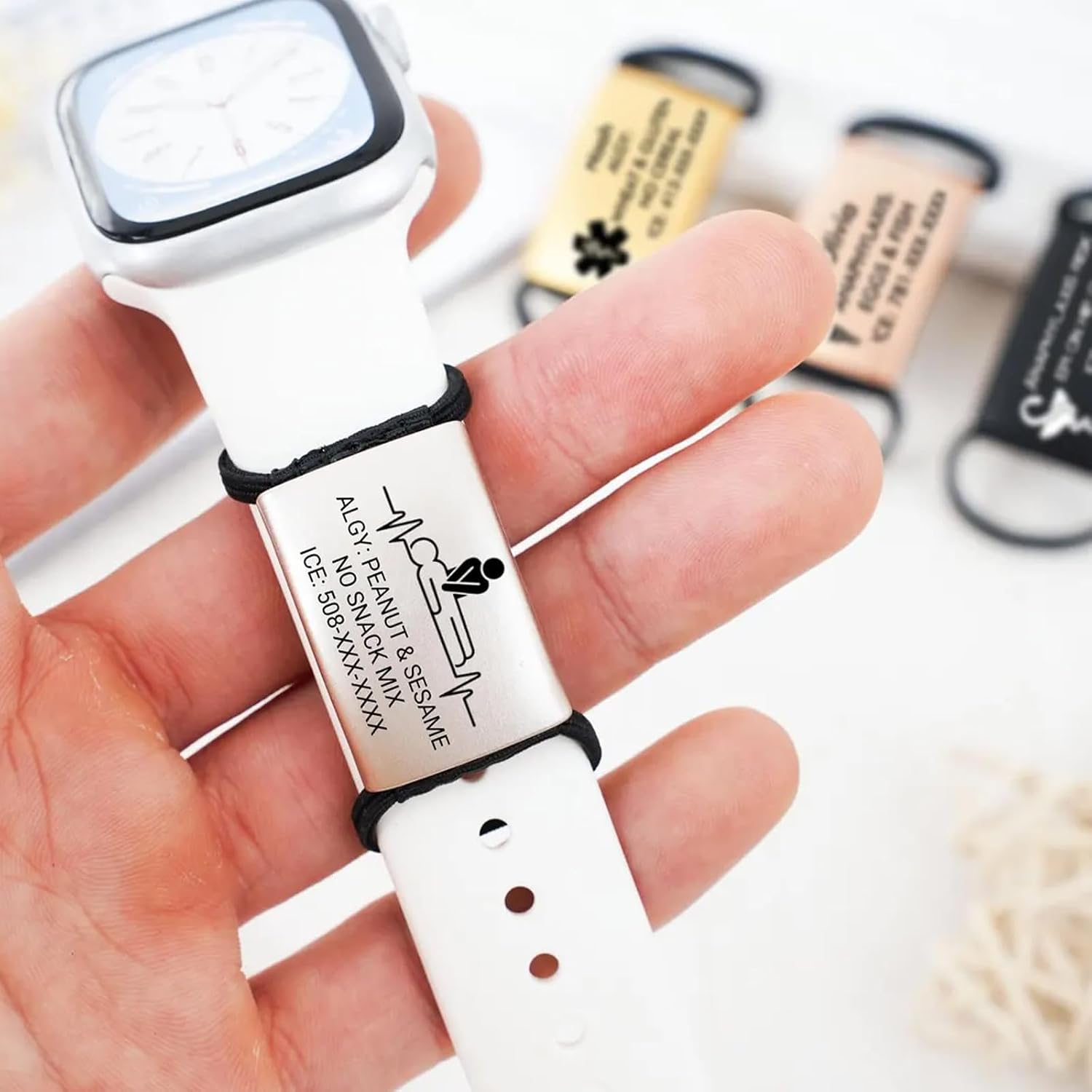 Personalized Medical Alert Watch Band Tag Custom Stainless Steel ID Tag for Watch Band Engraved Emergency Contact&Allergies Fitness Runners for Sport Smartwatch image 4